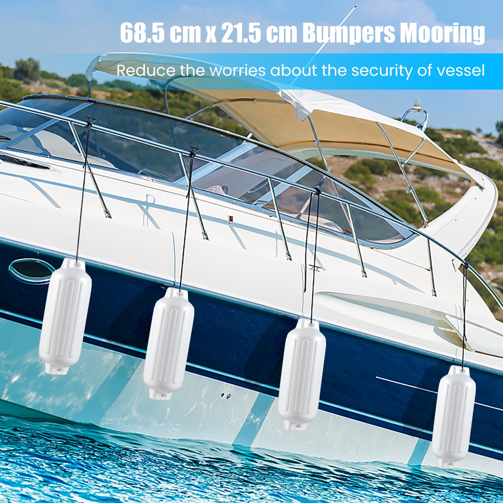 GOPLUS Juego de 4 defensas inflables con 2 Ojos, Guardabarros Largo en Negro/Azul, Accesorios para Barcos ，68,5 x 21,5 cm