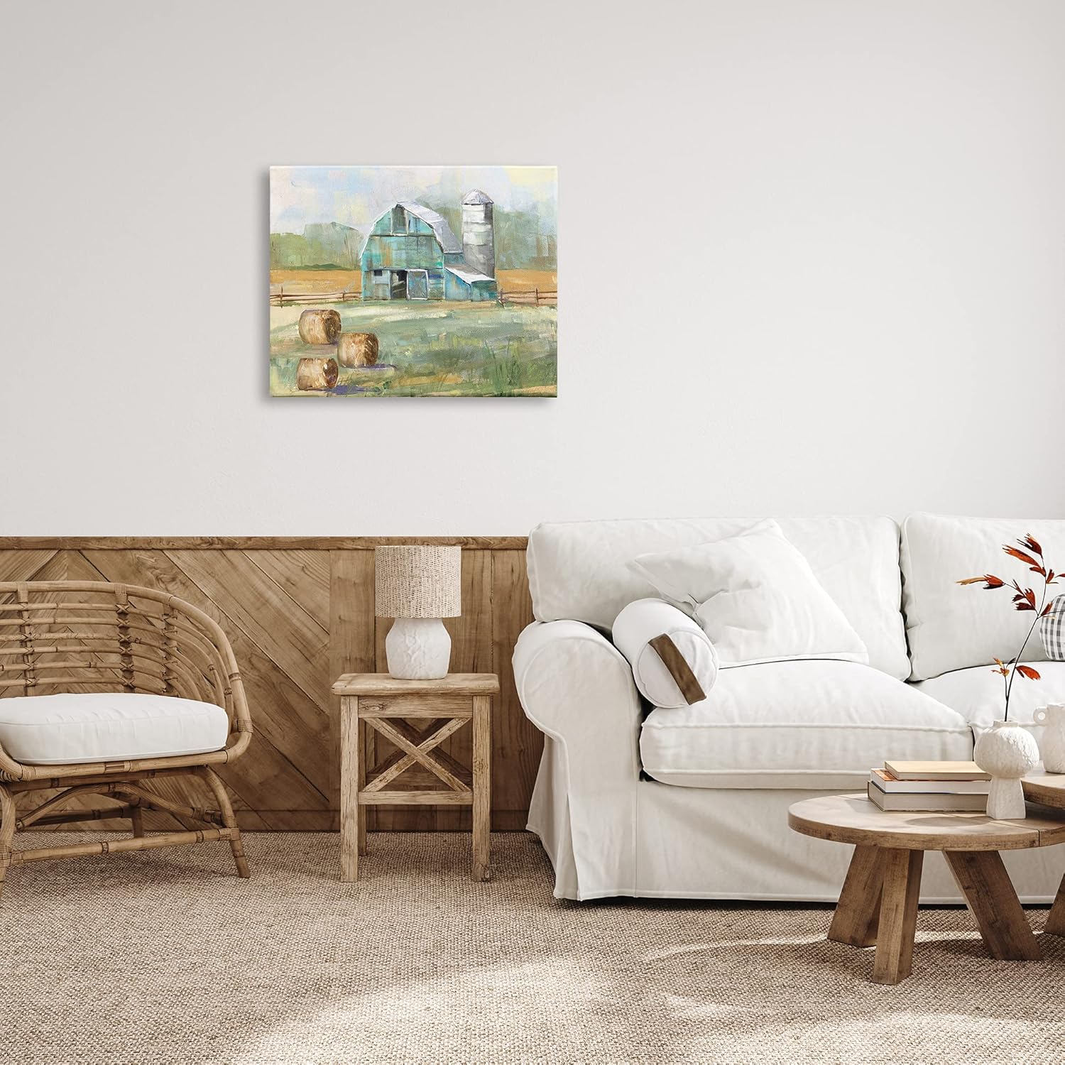 Stupell Industries Contemporary Blue Farm Barn Hay Bails Empty Field