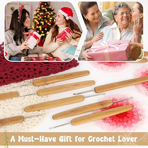 Miniatura 7 de Katech 10 ganchos de ganchillo ergonómicos para ganchillo, mango de madera de bambú, gancho de ganchillo de tamaño pequeño (0.030-0.118 in), hilo de