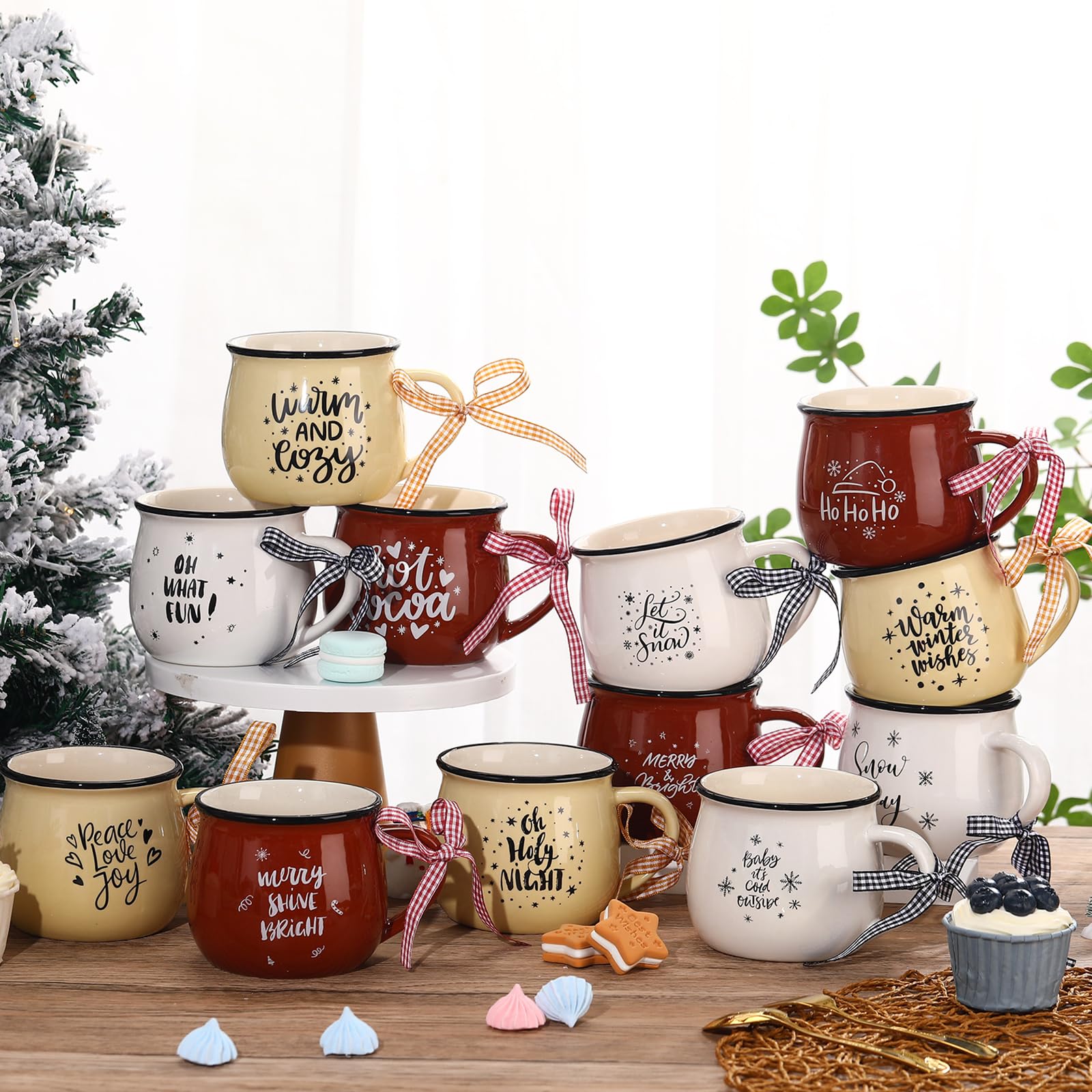 Weihnachts-Kaffeetassen, 12er-Set, 340 ml, heiße Kakao-Keramik-Tassen, Weihnachtsgeschenk-Set für Mutter, Frau, Familie, Freund, Weihnachten, Bauernhaus, abgestuftes Tablett, Dekoration,