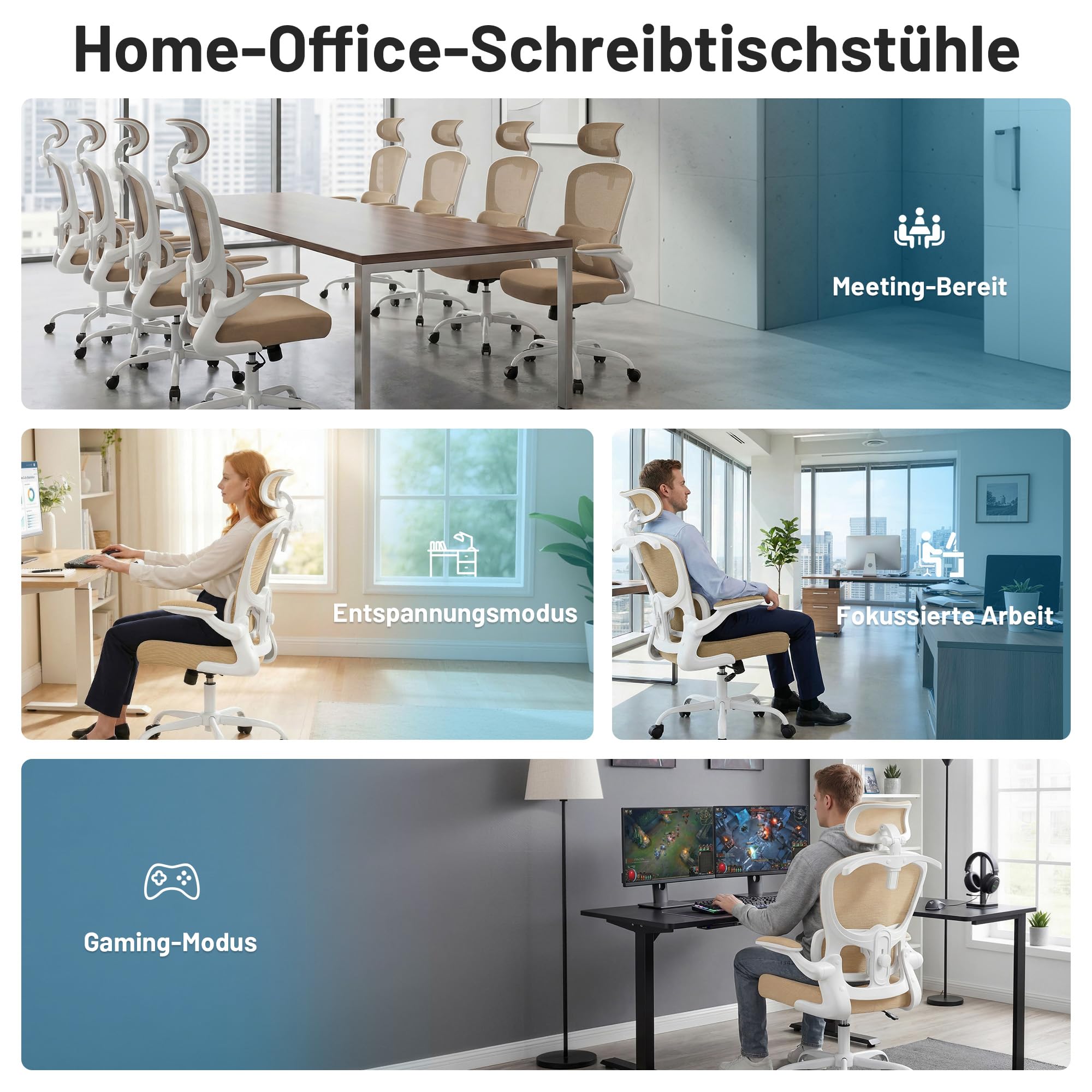 Ergonomischer Bürostuhl mit Kopf- & Lendenstütze, Khaki | belastbar bis 150 kg , Atmungsaktive Netzbespannung, höhenverstellbarer Drehstuhl mit Rollen, für Büro & Homeoffice