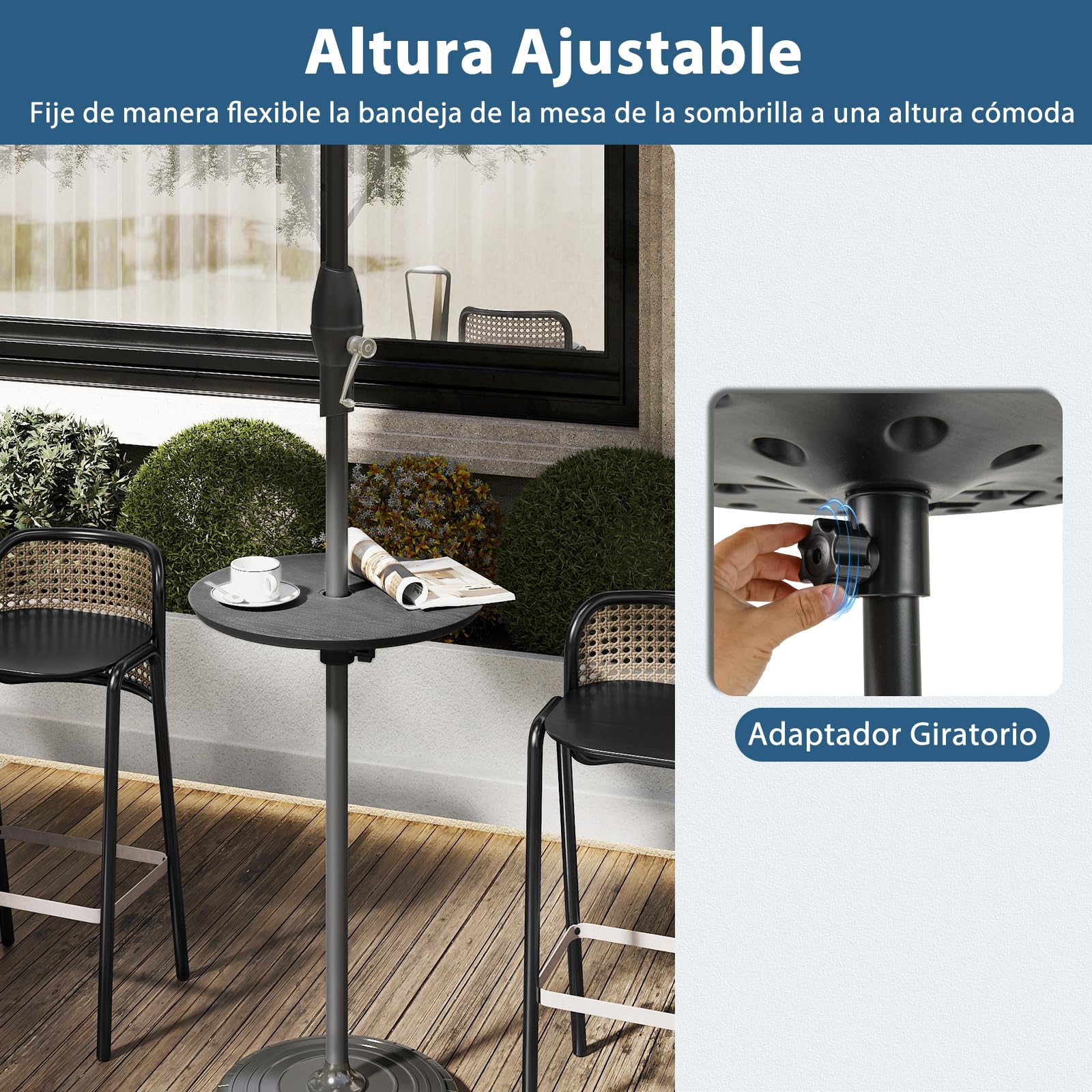COSTWAY 50 cm Mesa para Sombrilla Ajustable para Exteriores, Bandeja Redonda para Sombrilla de 38 mm y 48 mm, Mesa Lateral Portátil y Ligera para Piscina Playa Jardín (Negro)