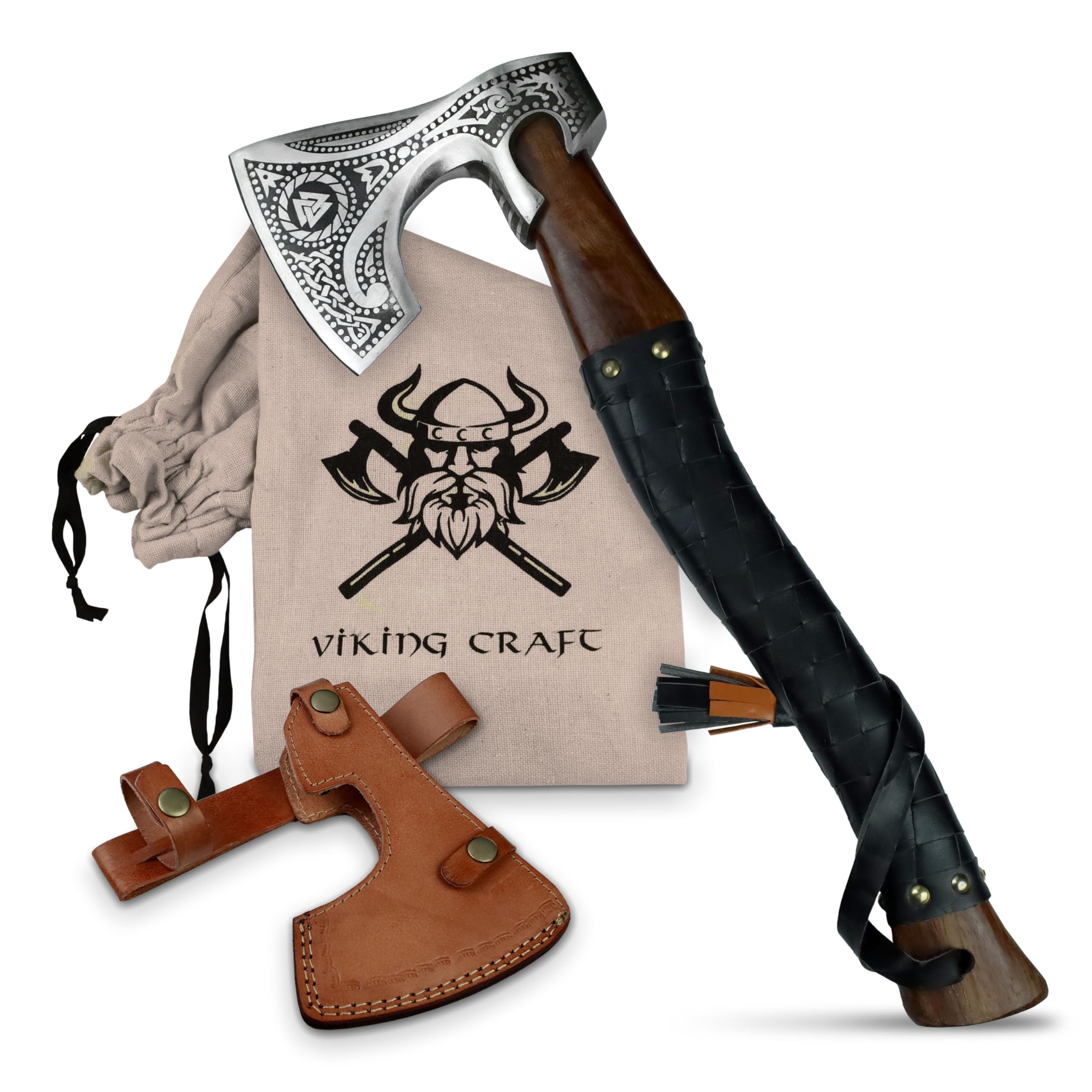 VIKING CRAFT® Wikinger Axt 50cm - Handgefertigte Deko Mit Gravur und Lederschutz - Ideale Mittelalter Deko, Geschenke für Männer und Frauen, Vikings Fanartikel, LARP Beil