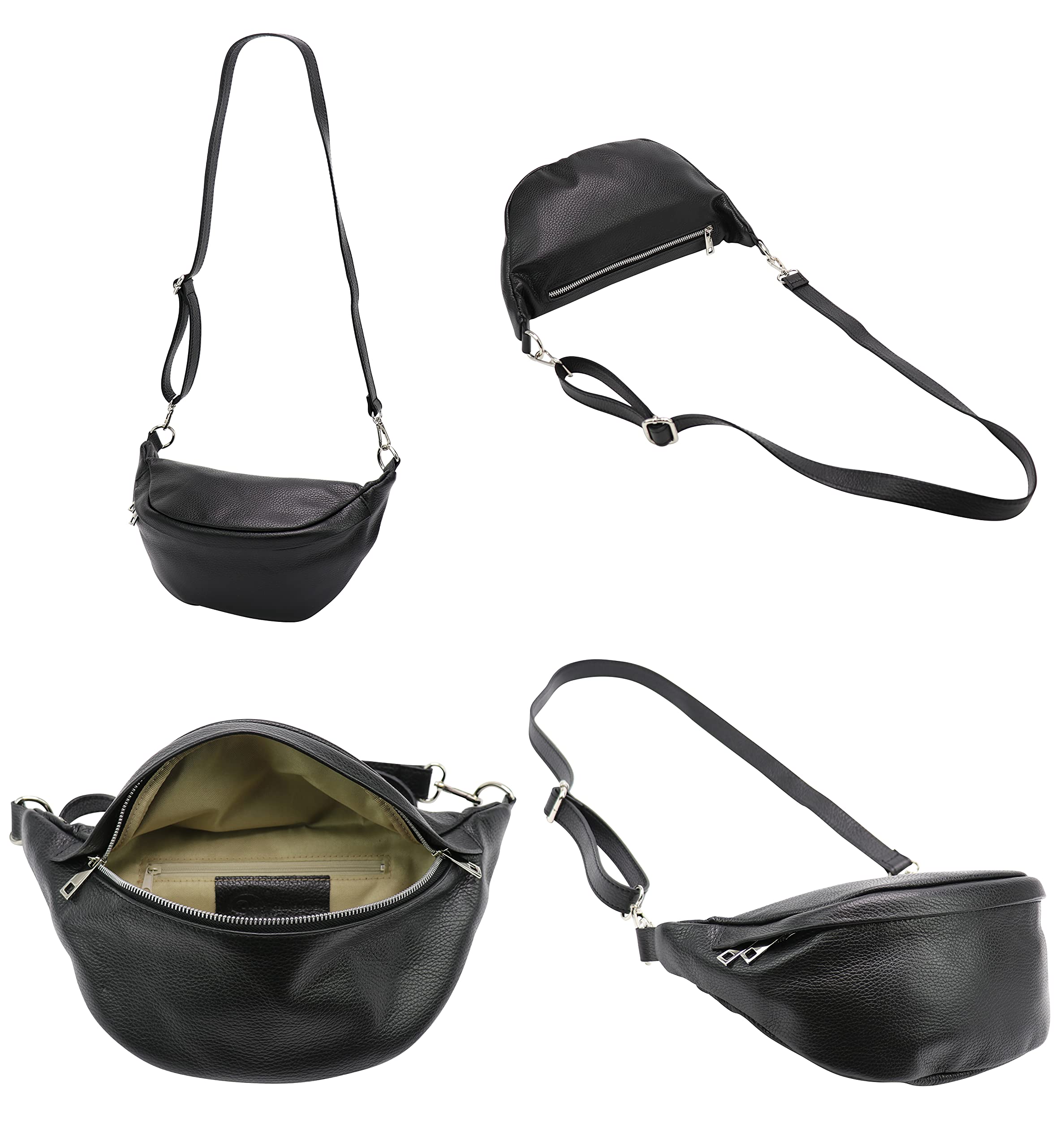 SH Leder ® Sac banane en cuir véritable pour femme, homme, unisexe - Petit sac de hanche pour festival, voyage - Sac à bandoulière moyen - 32 x 17 cm - Marie G528, Noir , 32 x 17 x 12 cm