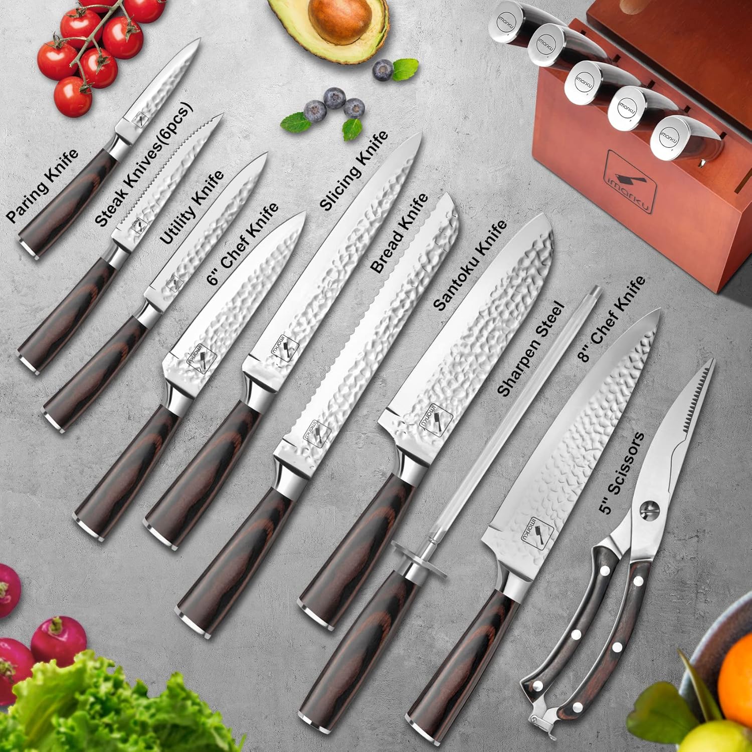 Hottest Sales Japanese Knife Set, imarku 16-Pieces Hammered Kitchen Knife Set with Block, German HC Stainless Steel Knives Set for Kitchen, Premium Pakkawood Handles Knife Block Set