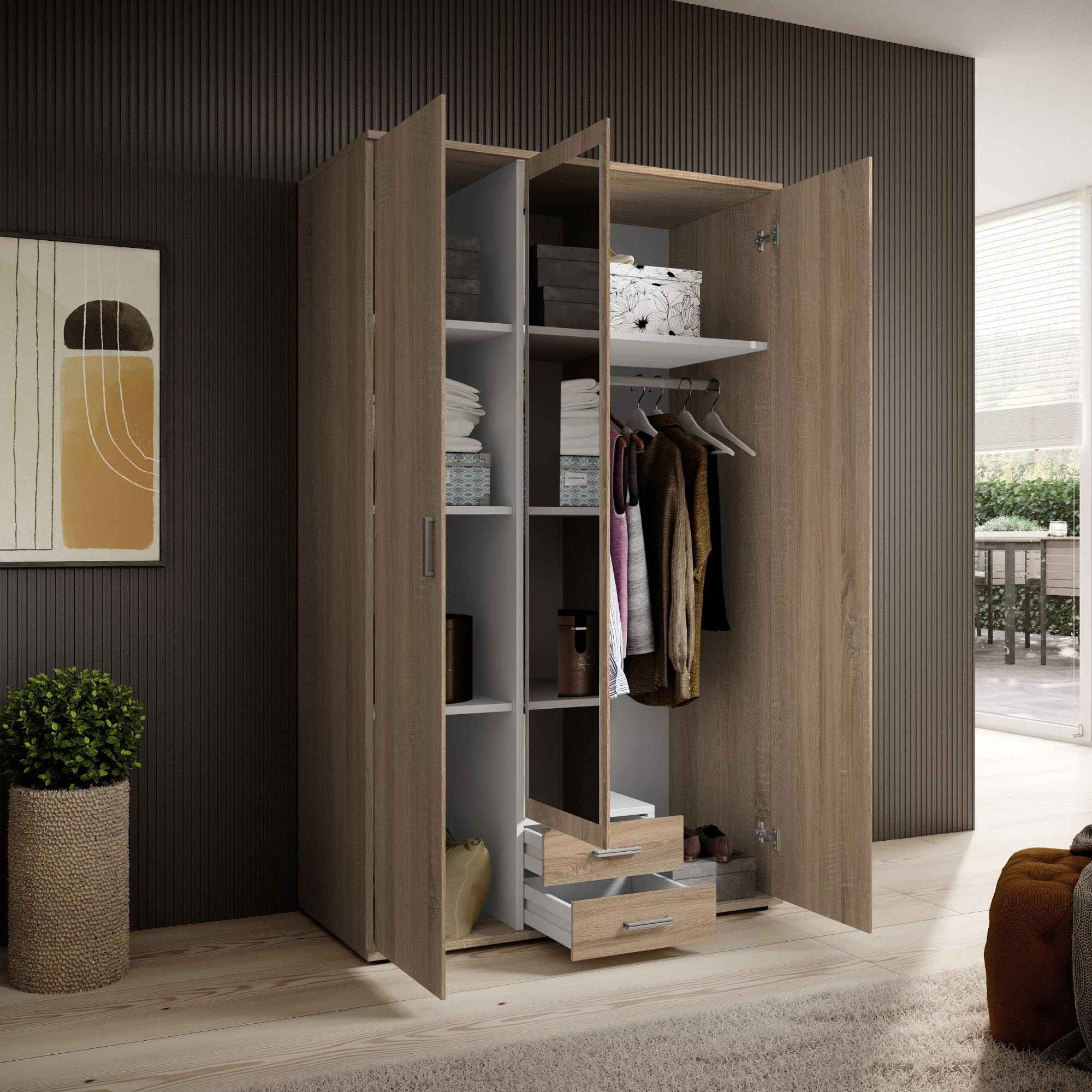 KARL, Elegante armadio a 3 ante molto capiente, versatile in effetto rovere Sonoma con anta a specchio, 120 x 195 x 55 cm