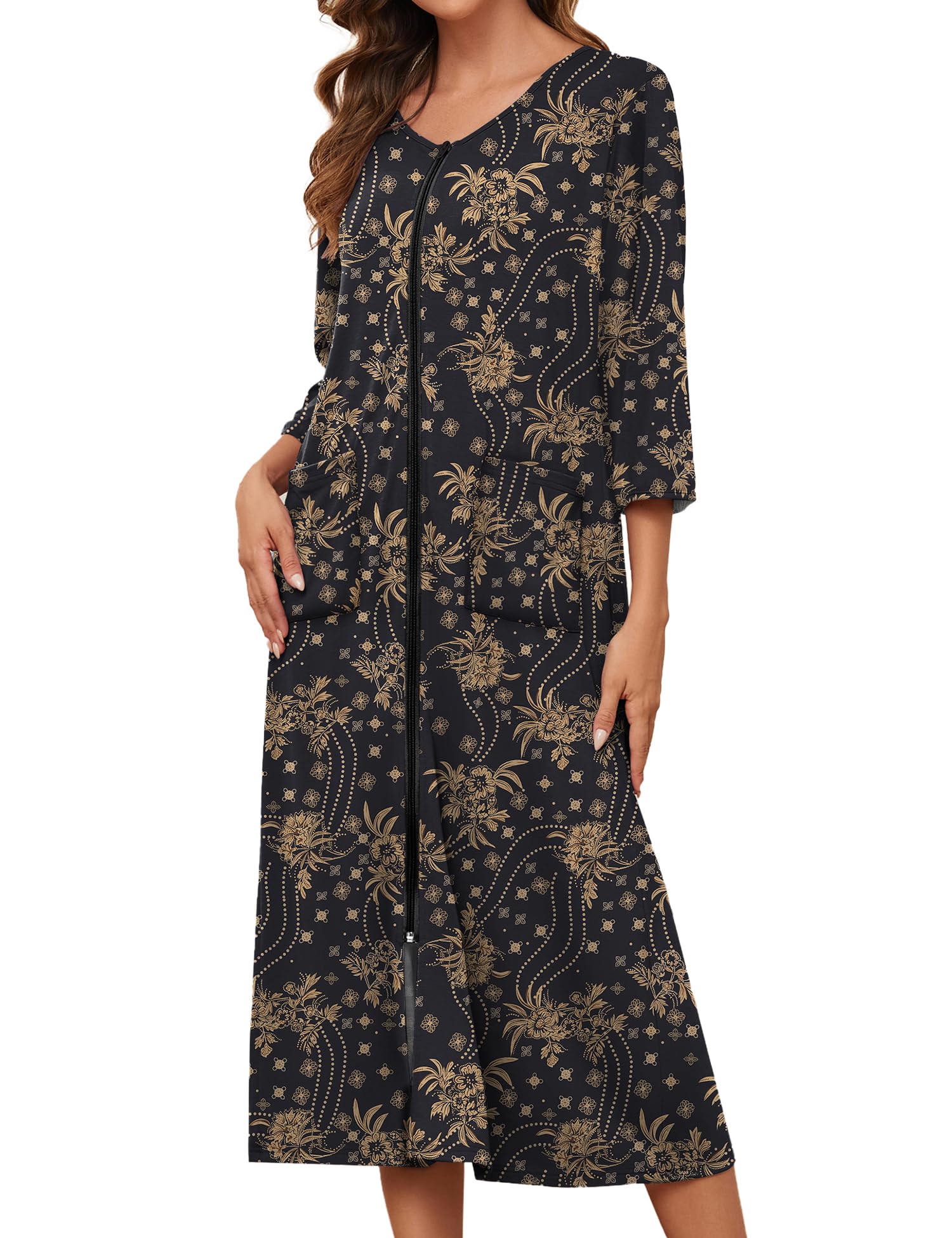 Bloggerlove Zipper Front Robes for Women House Coat Half Sleeve Loungewear Long Nightgown with Pockets S-3XL