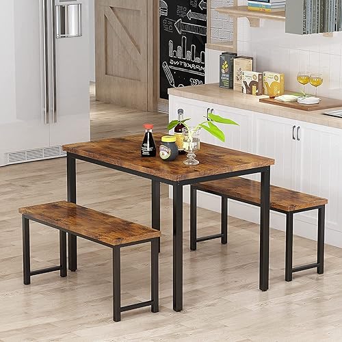 AWQM Dining Table Set with Two Benches, Kitchen Table Set for 4-6 Persons, Kitchen Table of 47.2x28.7x28.7 inches, Benches of 40.5x11.0x17.7 inches, Industrial Brown
