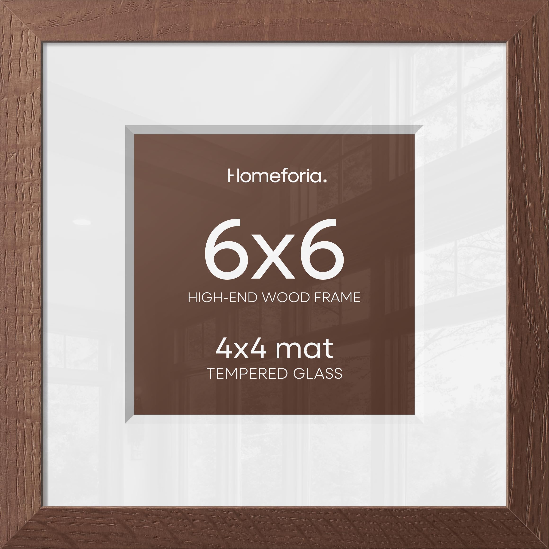 Homeforia 6x6 Brown Oak Picture Frame, High-End Wood, 4x4 Mat, Glass | High End Solid Oak Wood, Tempered Glass, Acid-Free 4x4 Removable Mat, 6x6 Edge-to-Edge Display 6x6, Wall Kit, Set Of 2