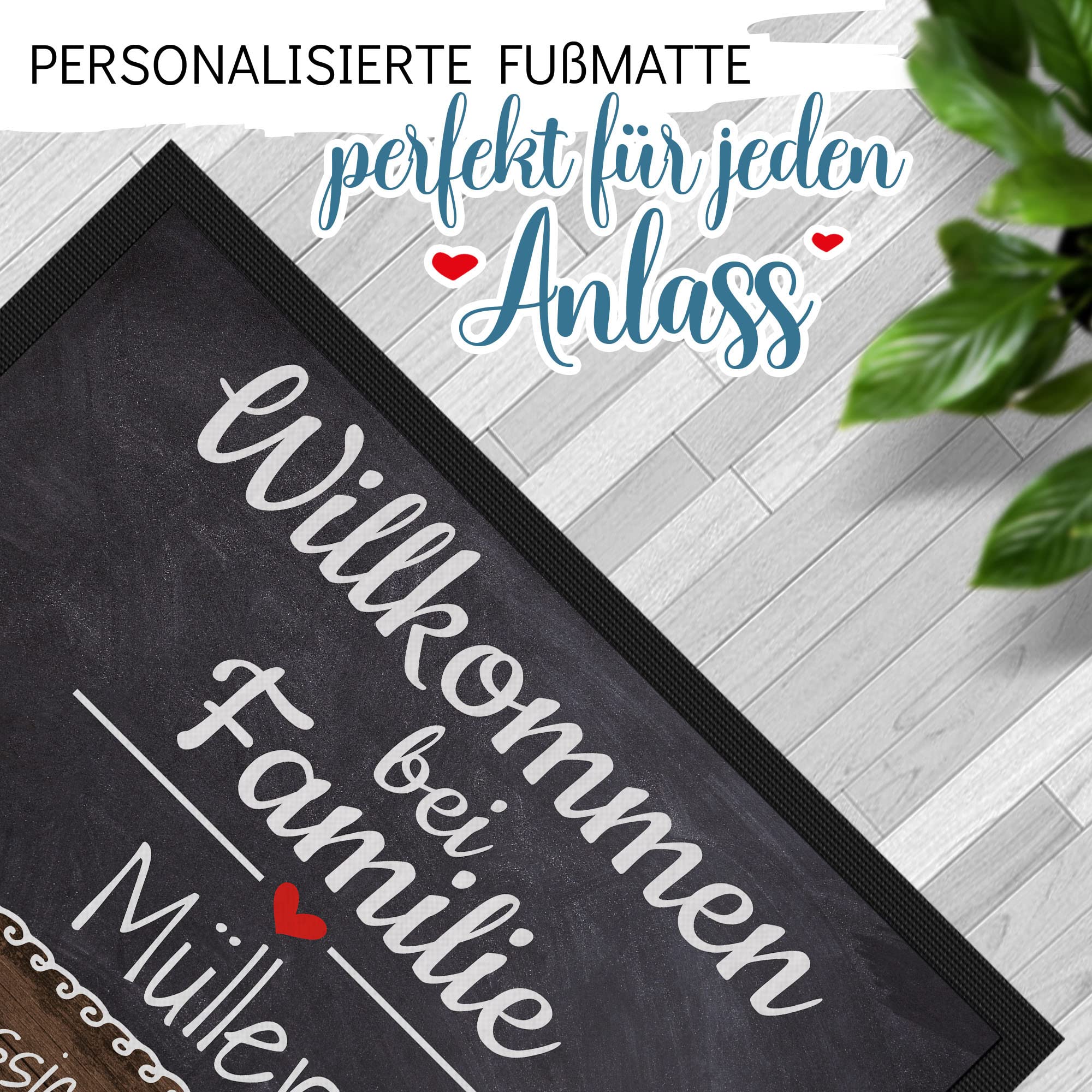 Print Royal Personalisierte Fußmatte mit Namen & Wunschtext - Willkommen bei Familie - Geschenke zum Einzug | rutschfest, 120x80cm mit Gummirand