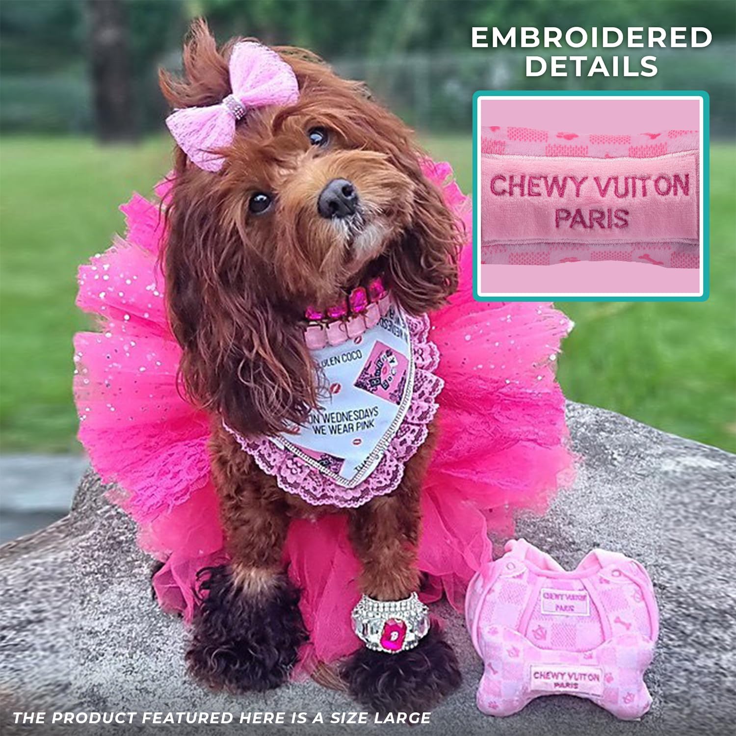 Haute Diggity Dog Chewy Vuiton Bone Plush Squeaky Dog Toy, Soft Durable Designer-Inspired Stuffed Puppy Chew Toys for Small, Medium & Large Dogs, Machine-Washable (Pink Checker) XL