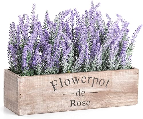 Miniatura 10 de Velener 2 flores de lavanda sintética moradas con caja pequeña de madera para plantas de 5 pulgadas, plantas artificiales de granja para decoración