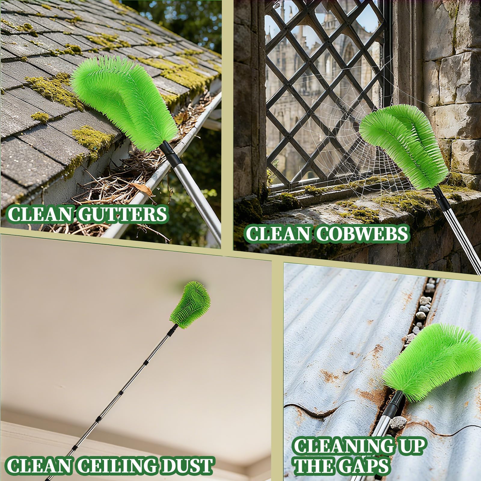 Nettoyeur de gouttières 400 cm - Brosse et cuillère de nettoyage 2 en 1 - Nettoyeur de gouttières avec manche télescopique pour nettoyer les feuilles, les fenêtres, les lustres