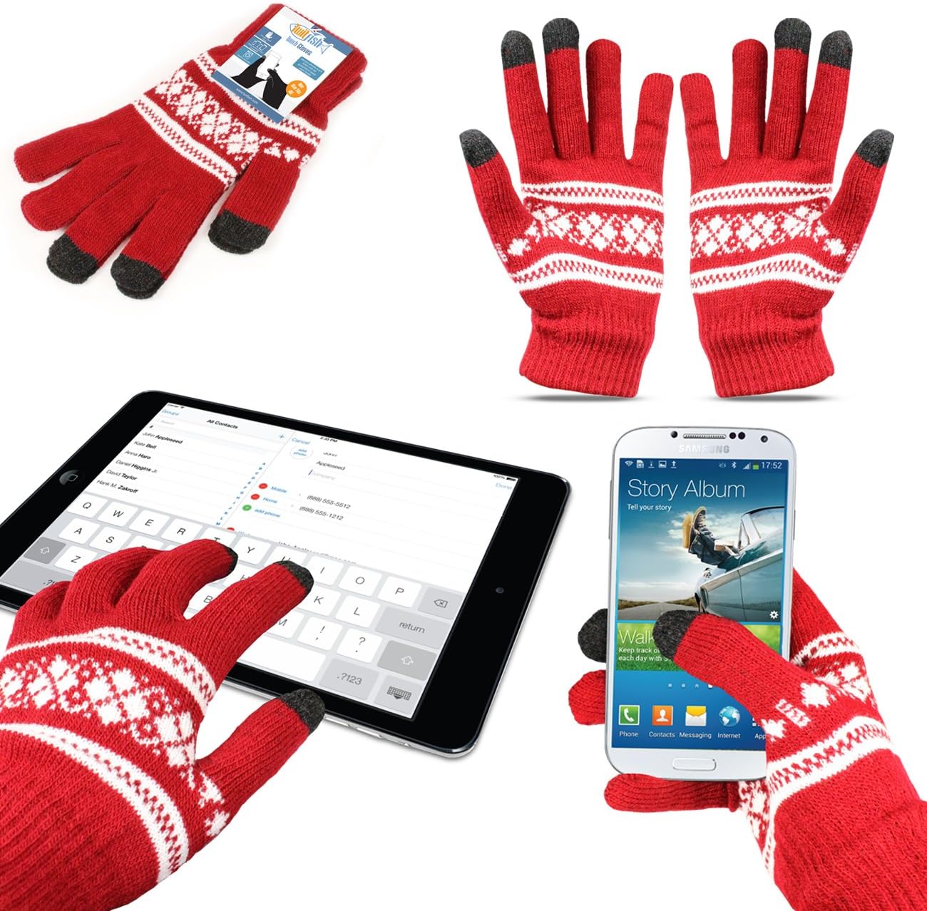 Twitfish® - Winter Snowflake Style Touch Screen Gloves - One Size Fits all (Red)