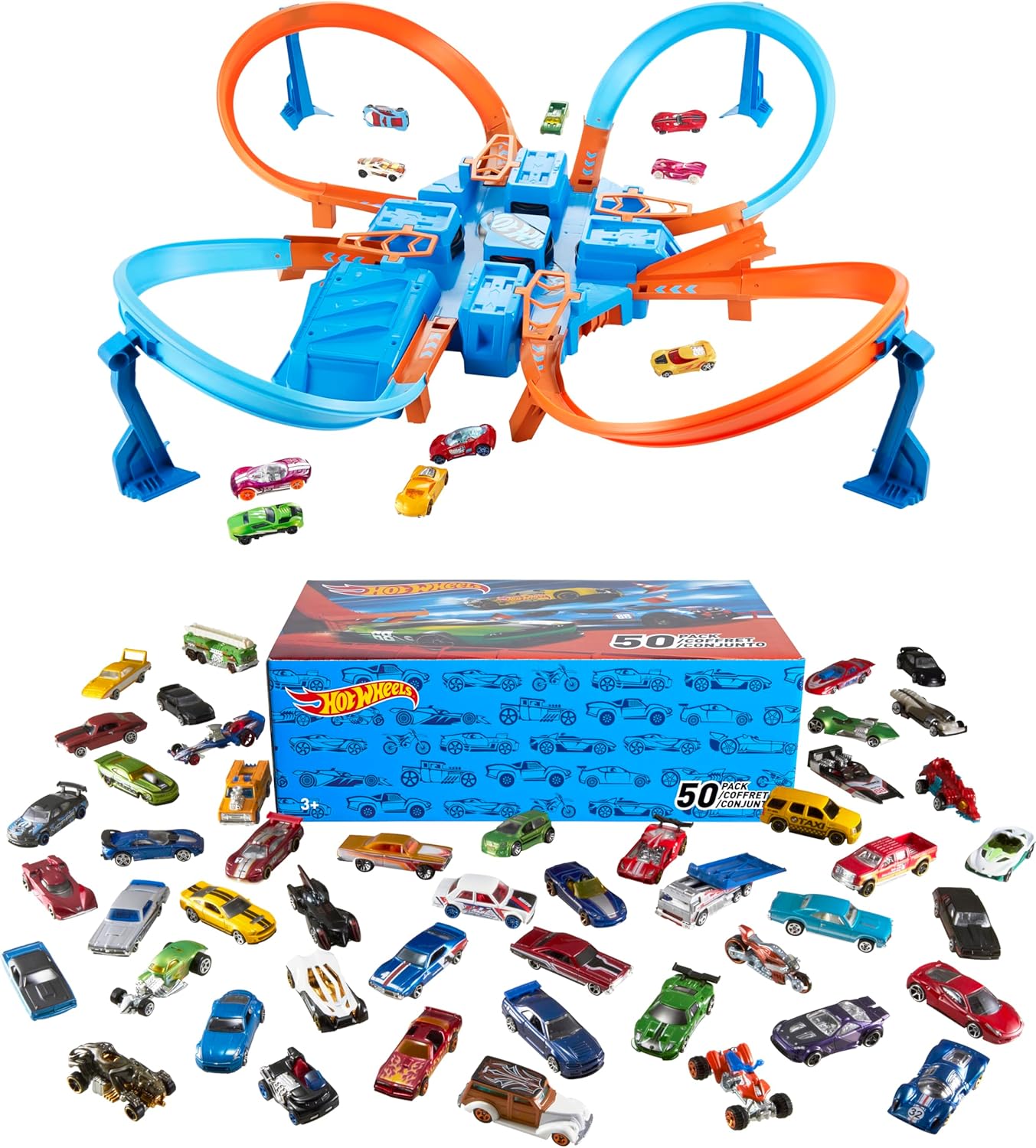 Hot Wheels 50 Pack (Styles May Vary) AND Hot Wheels Criss Cross Crash Track Set [Amazon Exclusive]