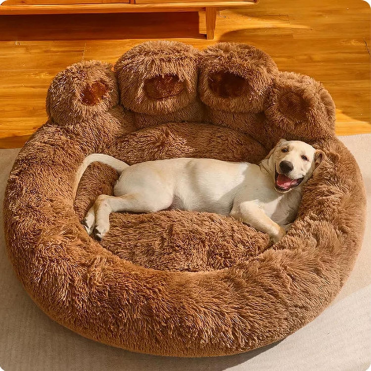 JupiterJX Fluffy Plush Bed For Cats And Dogs, Warm Pet Sleeping Beds Cute Paw Shaped Comfortable Calming Dog Bed For Small Medium & Large Dogs, Anti Slip Soft Cat Cushion (Coffee Brown, 90 cm)