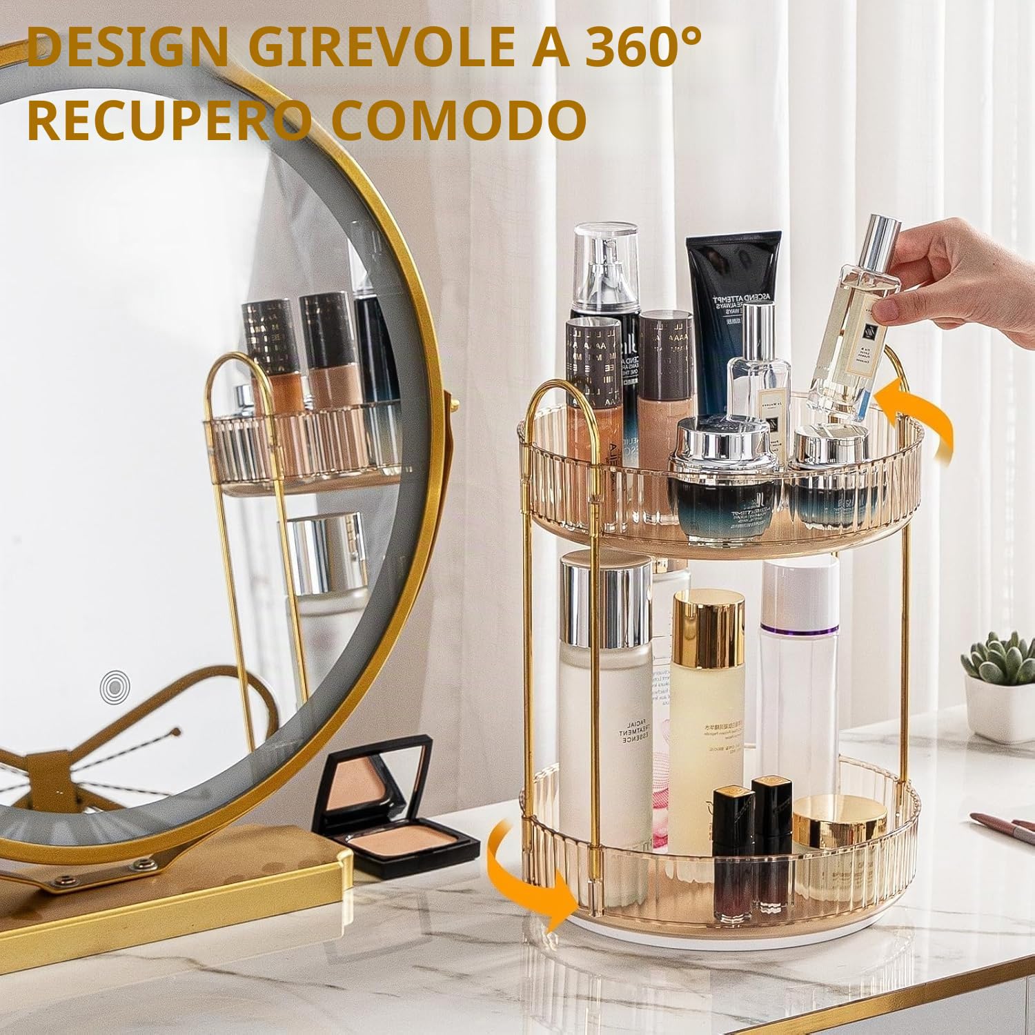 Organizzatore di Trucco Rotante a 360°, Organizzatore di Cosmetici ad Grande Capacità, Organizzatore di Profumi, Organizzatore Della Cura Della Pelle per Bagno (2 Strati, Ambra)