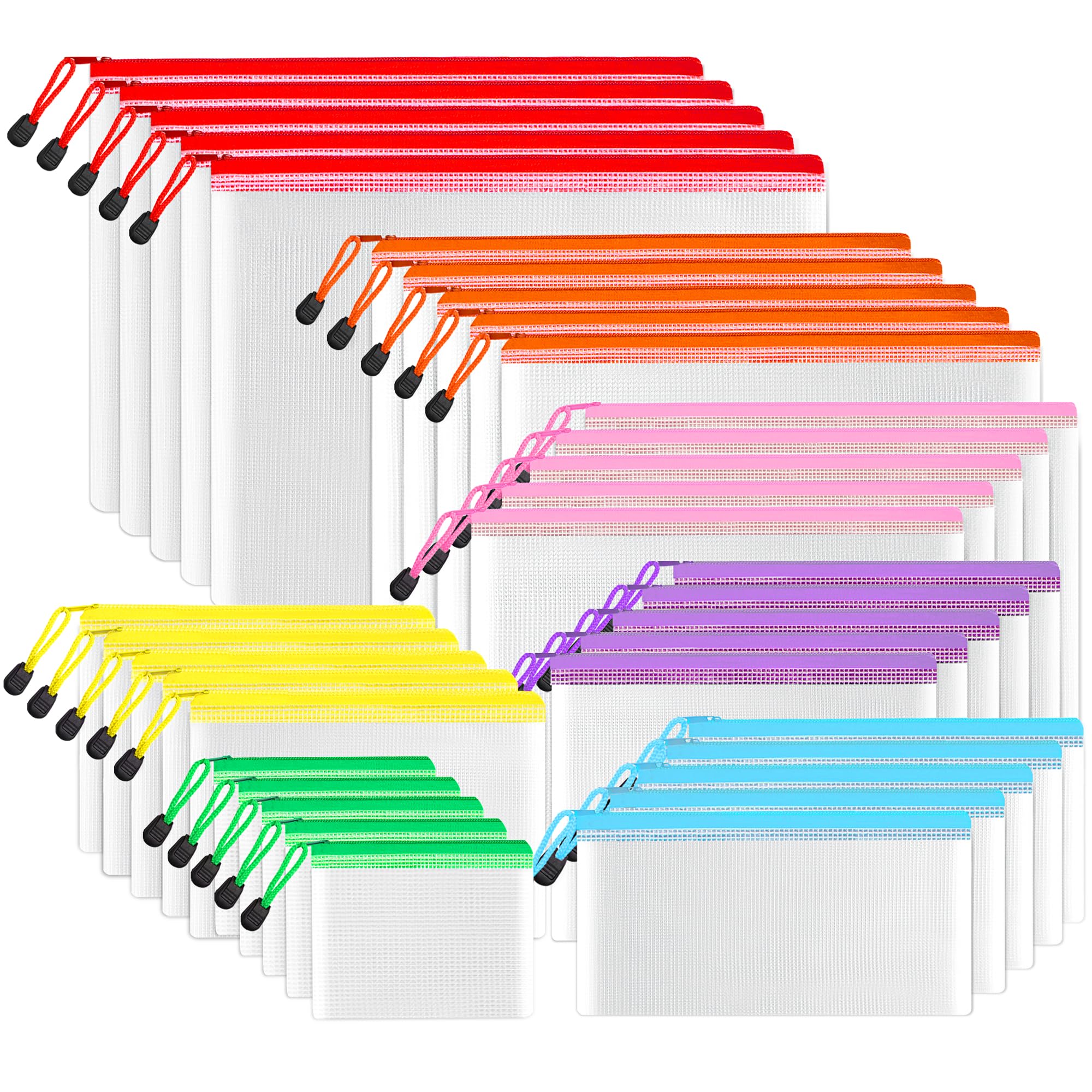 SUNEE Multisize Plastic Zipper Pouches (7 Colors, 35 Packs), Water-Resistant Zip Bag for School Office Supplies, Puzzles & Games Organizing Storage