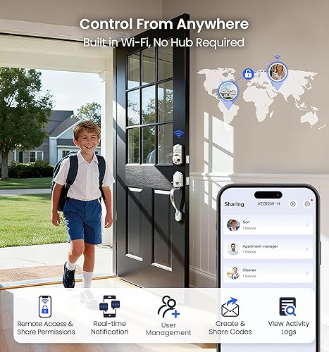 Miniatura 3 de Veise VE012W-H - Juego de cerradura inteligente WiFi para puerta delantera, WiFi integrado, control remoto de aplicación y control de voz, cerrojo