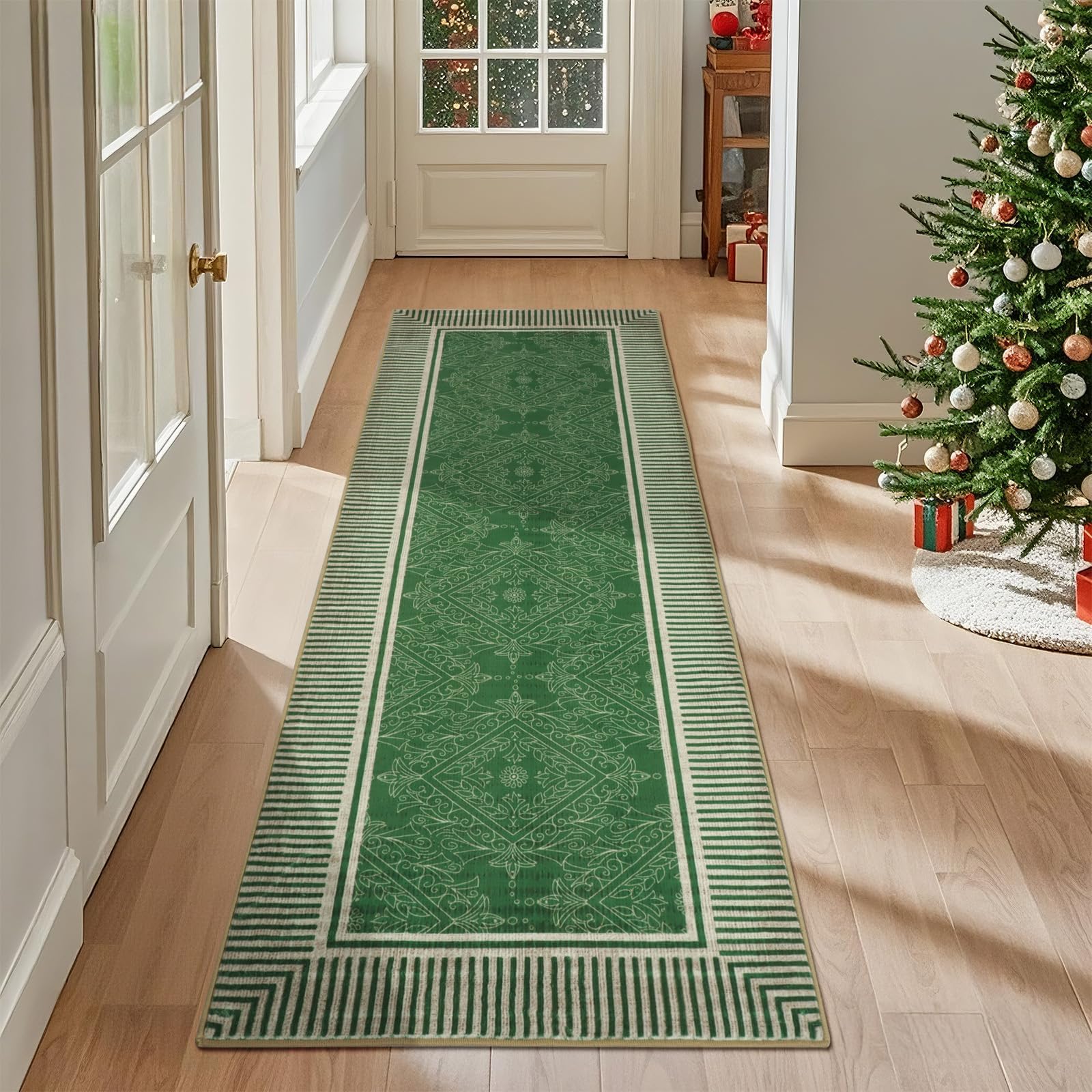 GEANUP Modern Grün Teppich Läufer Flur 60x180 cm Waschbar Küchenteppich | Gestreifter Küchenteppich rutschfest, Weich Faux Wool Schlafzimmer Teppich, Boho Indoor Korridor Carpet für Eingang