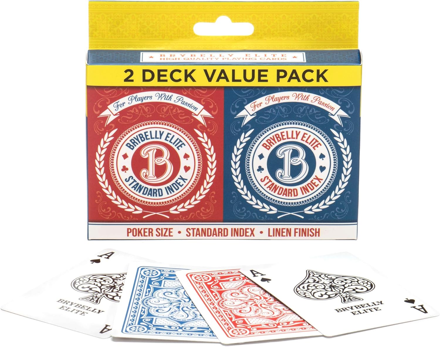 Brybelly Elite, 2-Pack Red/Blue -Two Decks of Playing Cards - Poker Size, Standard Index, & Linen Finish - Premium Table Game Accessories for Canasta, Texas Hold'em, Pokeno, & Blackjack : Toys & Games