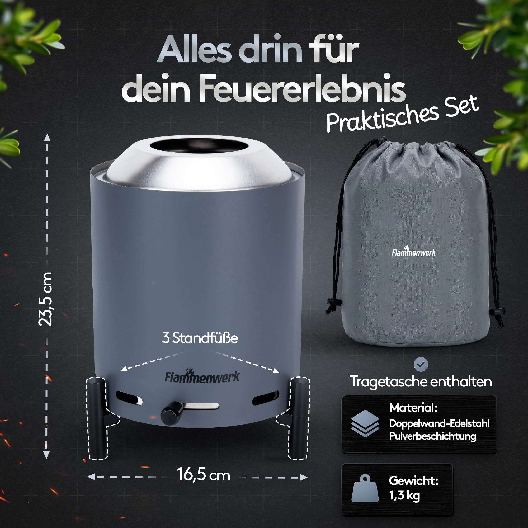 Raucharmes Tischfeuer, Tischkamin Outdoor für Pellets & Holz – Outdoor-Tischfeuer 360° Luftregulierung, Doppelwandiges Edelstahl & Tragetasche – Perfekt für Balkon, Terrasse & Camping