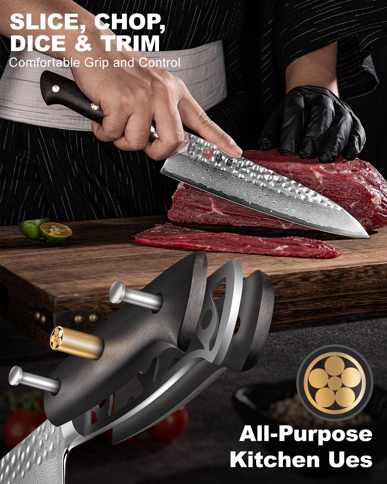kanngou Couteau Japonais Damas 21 cm Couteau Gyuto en Acier Damas 67 Couches, Manche en Bois d’Ébène Pleine Soie, Couteau Cuisine Professionnel avec Coffret Cadeau Premium