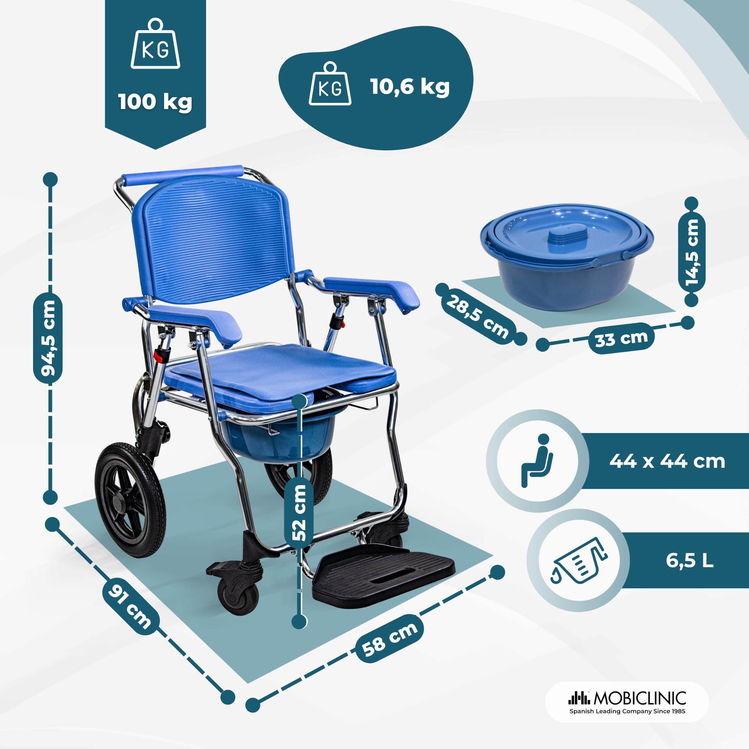 Mobiclinic®, Krzesło Prysznicowe, Składane, 3 w 1, Wyjmowane Wiadro 6,5 l, Podłokietniki i Podnóżek, Przenośna Toaleta, Kółka z Hamulcem, Antypoślizgowe, Lekkie, Aluminiowe, Babor