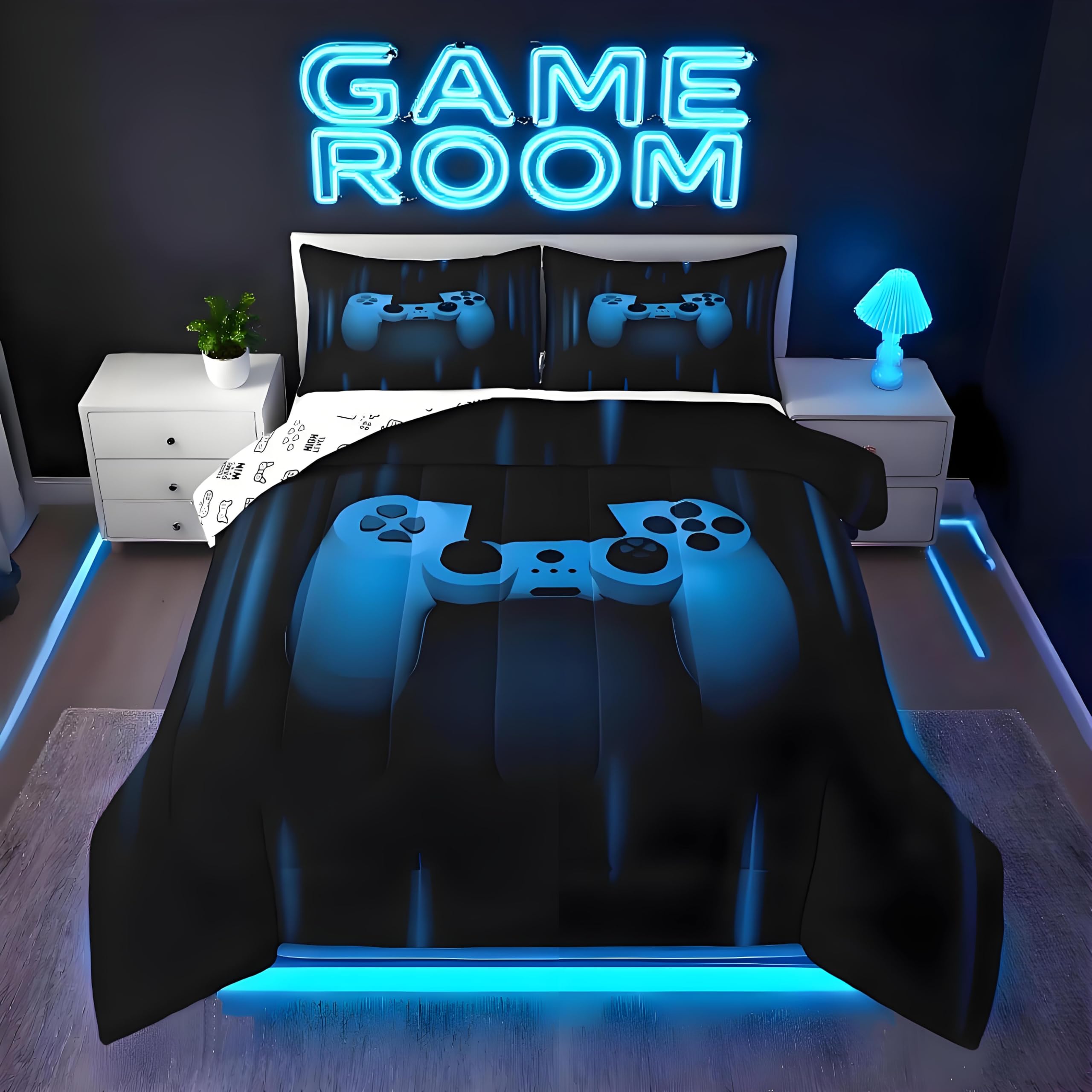 Feelyou Boys Gamer Comforter Set Twin Size Bedding Set for Kids Gaming Comforter Blue Black Video Games Gamepad Room Decor for Teens Child Super Soft
