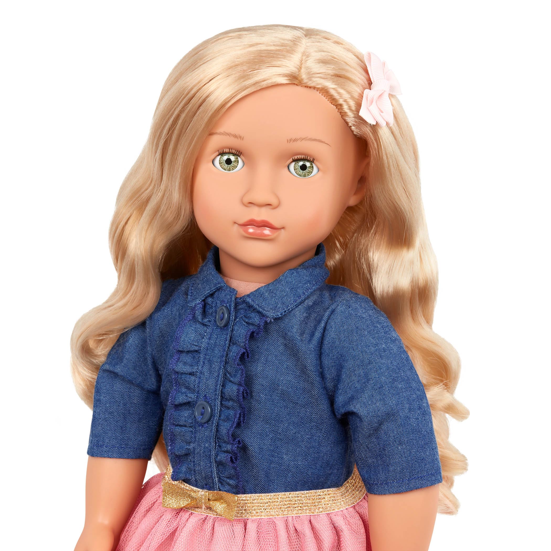 Our Generation – 46 cm Puppe – Blondes Haar & grüne Augen – Puppenkleidung mit Rüschchen-Top und rosa Rock – Rollenspiel – Spielzeug für Kinder ab 3 Jahren – Emily