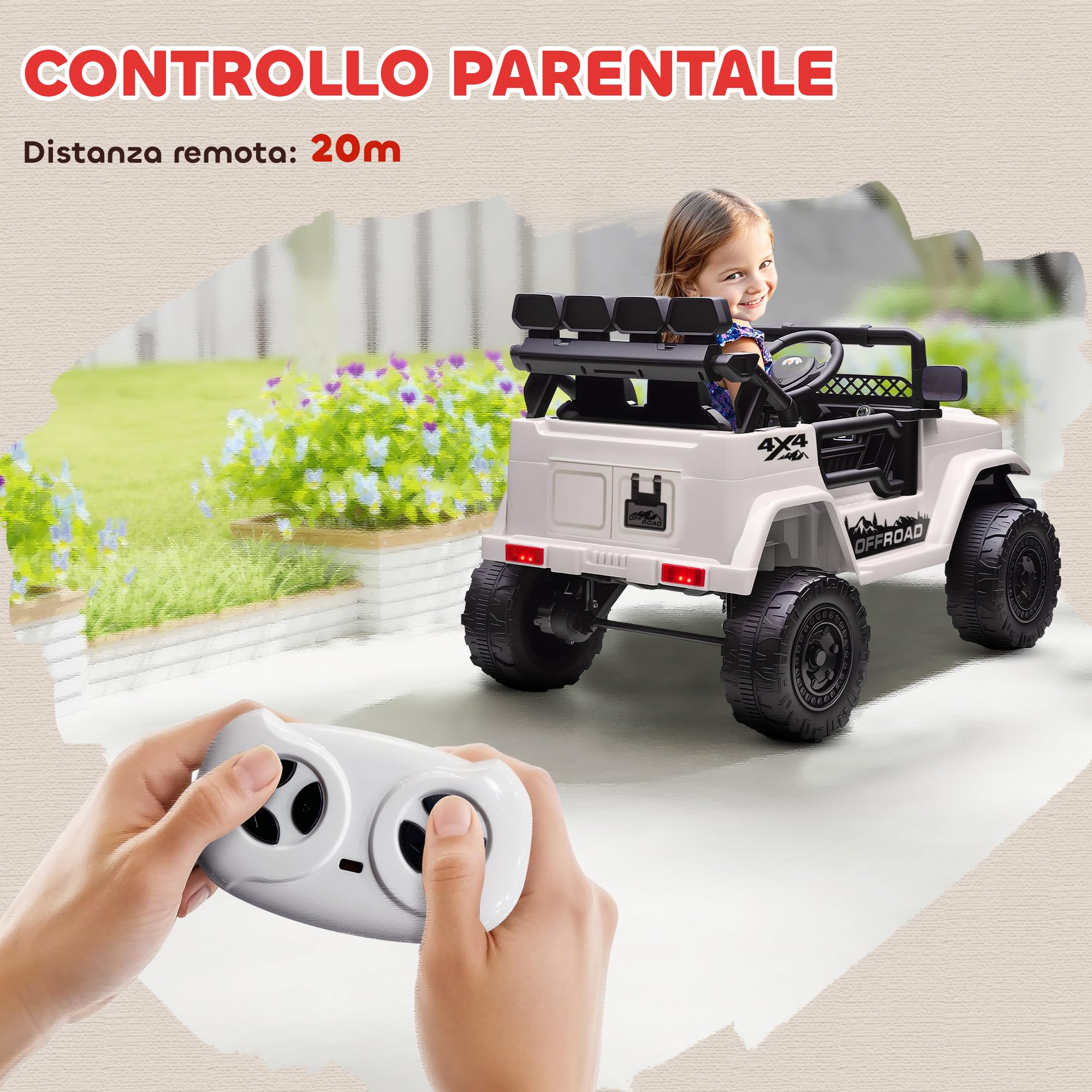 AIYAPLAY Macchina Elettrica per Bambini 3-5 Anni, 12V Fuoristrada Auto Elettrica per Bambini con 2 Motori, Sospensioni, Telecomando, USB, Musica, Wireless, Cintura, Fari e Clacson, 3-5 km/h, Bianco
