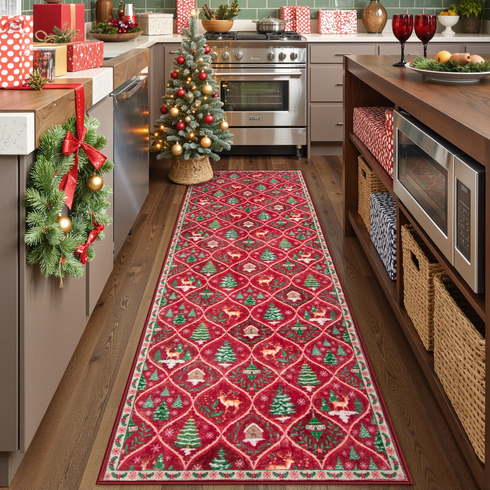 Lahome Christmas Kitchen Runner, 2x6 Hallway Runner Rug Christmas Washable Non Slip Carpet, Christmas Print Reindeer Tree Non Shedding Rug for Floor