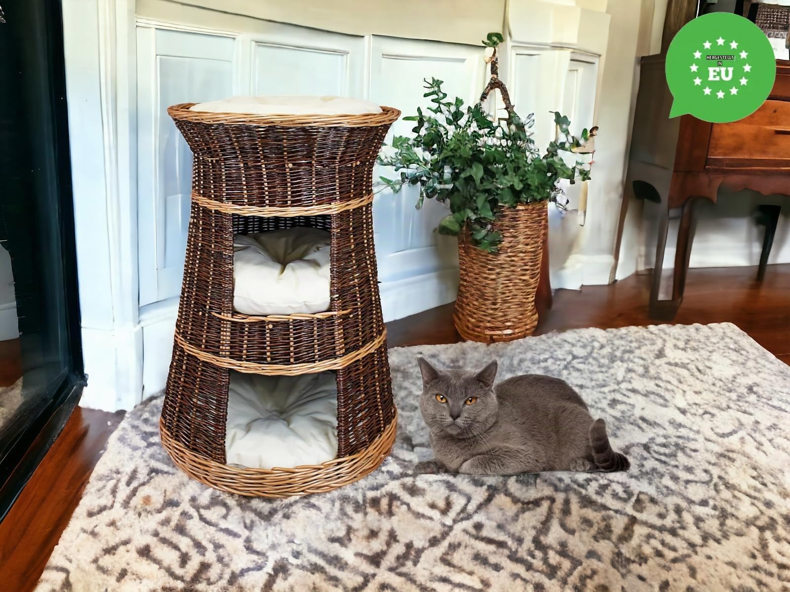 Katzenkorb zum Schlafen – Katzenhütte Indoor – Größe: 43 x 49 x 70 cm rund – Katzenhöhle aus Weide – Dreistufiges Bett für Hunde oder Katzen mit waschbaren Kissen in Ecru – Lackierter Korb