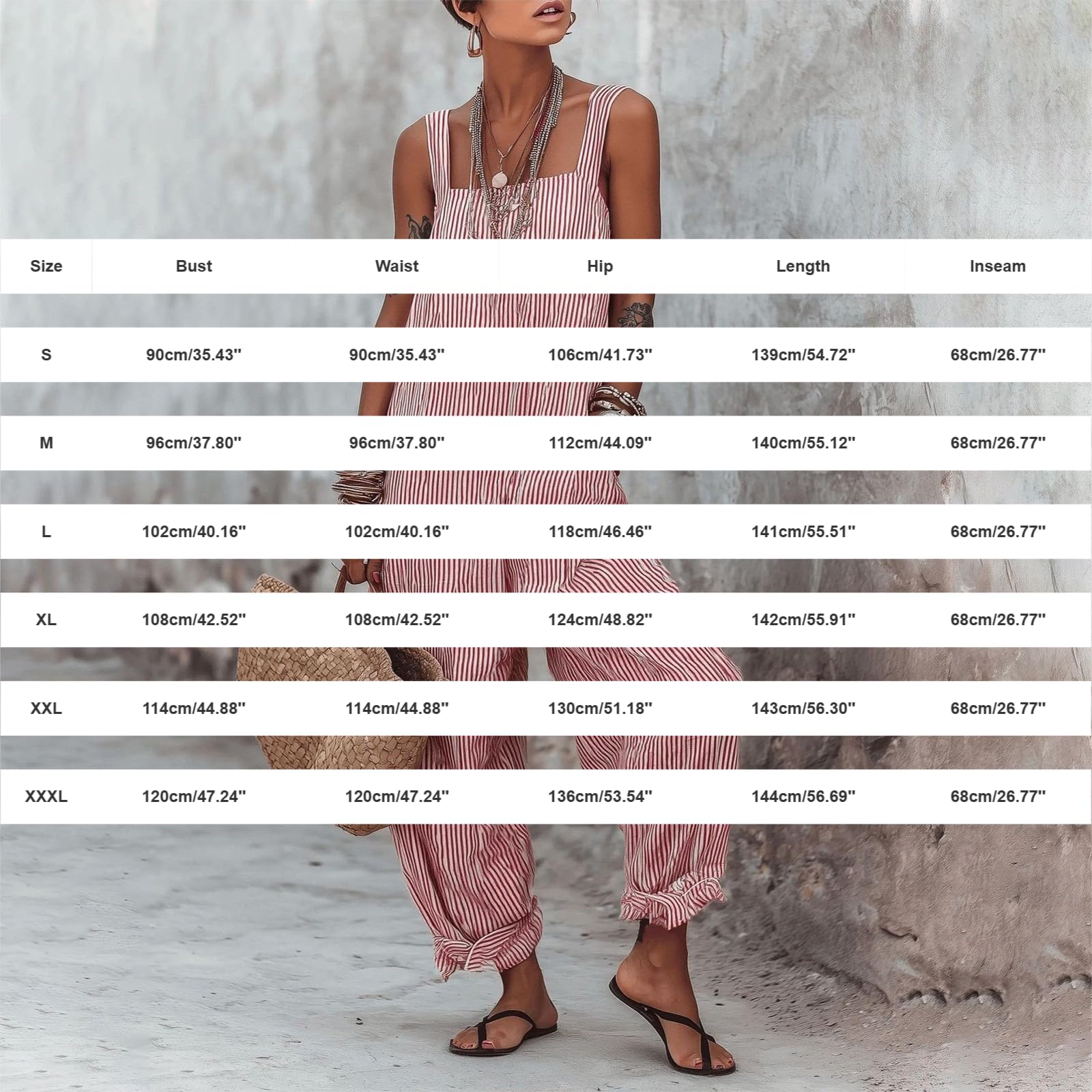 Generisch Salopette da donna lunga a gamba larga, tuta a righe, senza maniche, tuta da spiaggia, oversize, baggy playsuit, leggera e traspirante, pantaloni per il tempo libero, comodi pantaloni estivi