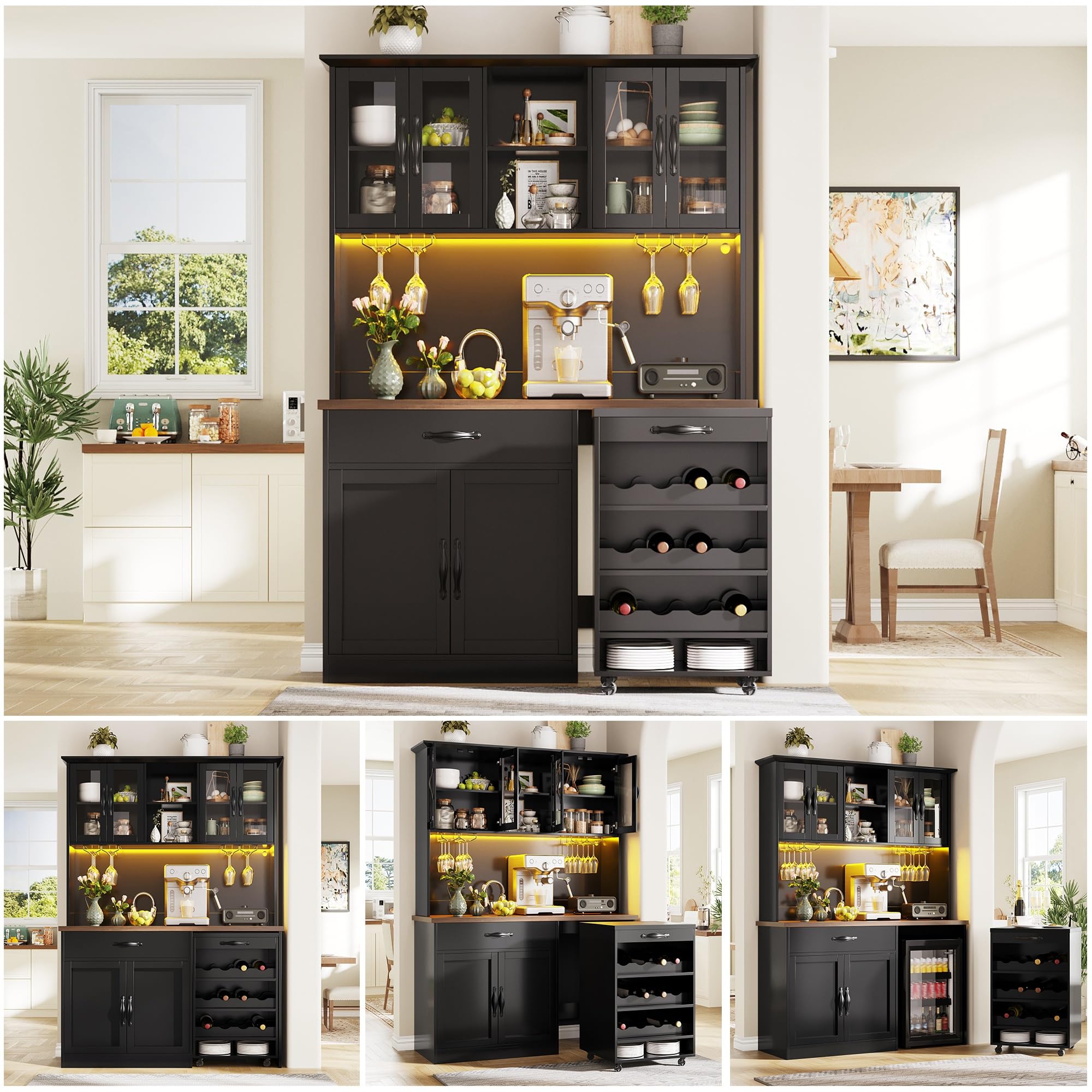 140cm Küchenschrank Schwarz mit Rollwagen, Hochschrank mit LED-Beleuchtung, Pantryschrank mit Weinglasregal & Weinregal, Beleuchteter Sideboard Schrank für Wohnzimmer, Esszimmer