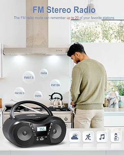 Miniatura 8 de Combo de reproductor de CD y cassette, reproductor de CD Boombox portátil con radio AMFM, grabación de cinta, sonido estéreo, alimentación ACDC,