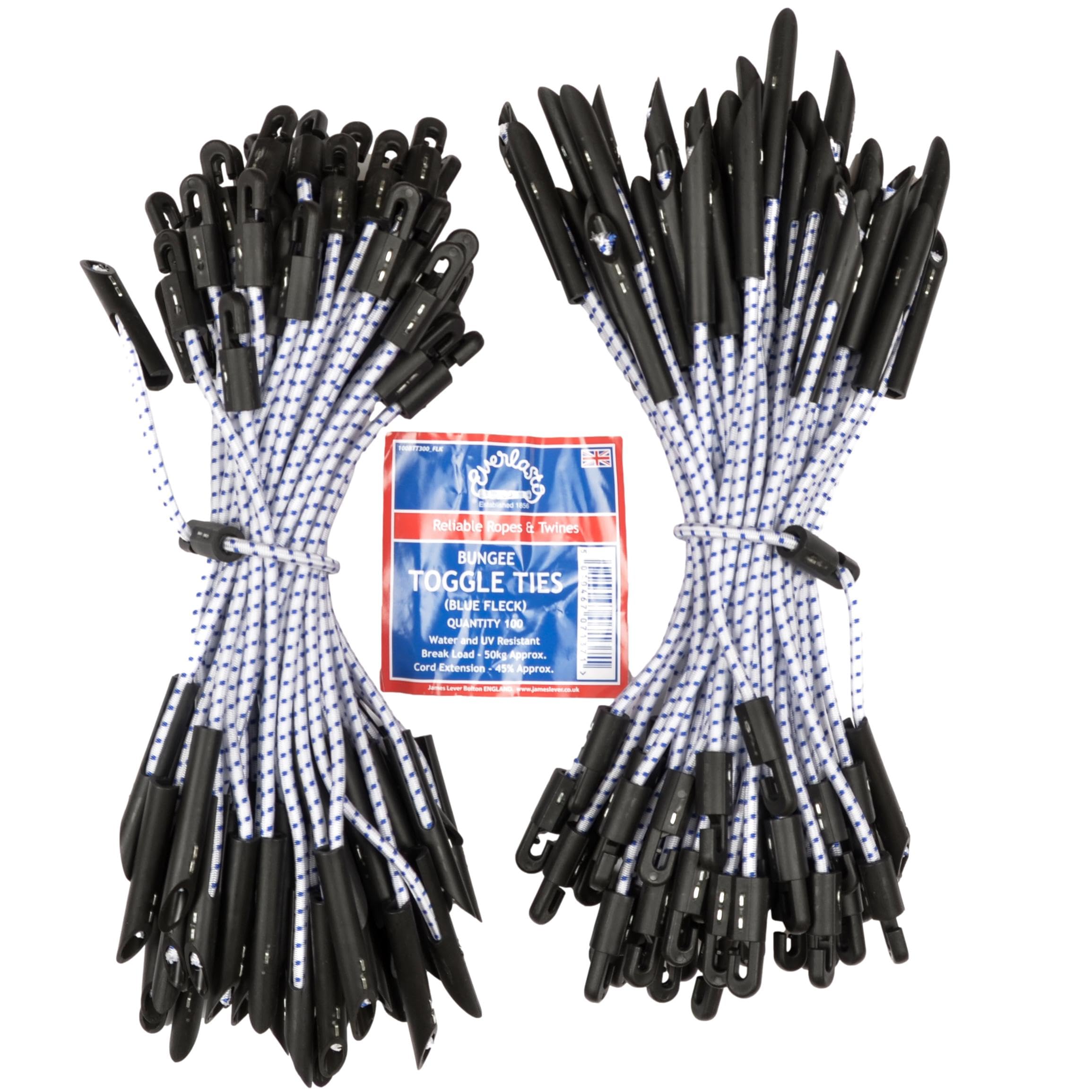 Everlasto Elastic Bungee Toggle Ties for Scaffolding Sheets and Tarpaulins - White With Blue Fleck 5mm x 300mm (10)