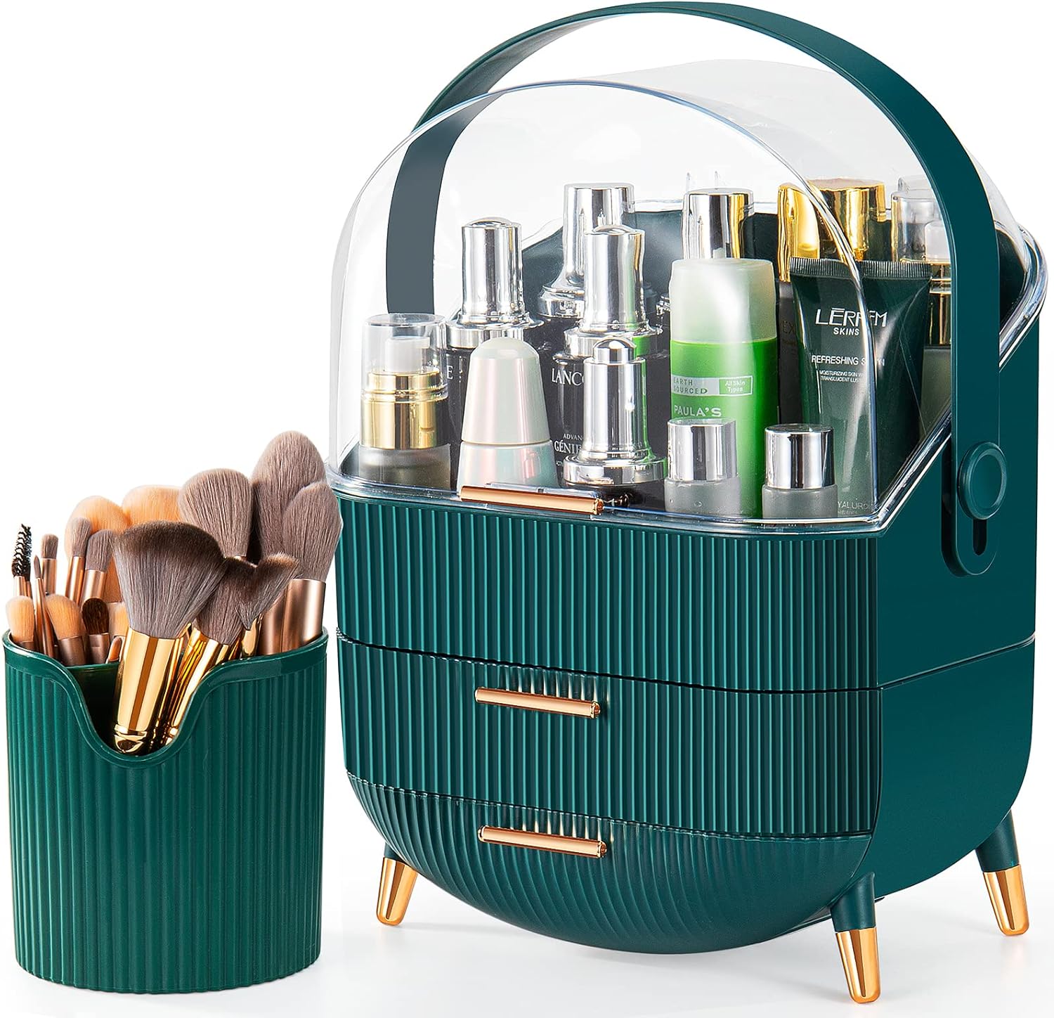 Makeup Storage Organizer+Makeup Brush Holder，Clear Cover Cosmetic Display Case with Two Tier Storage Box and Brush Storage Box, SkinCare Organizers for Bathroom Countertop (02-Green)