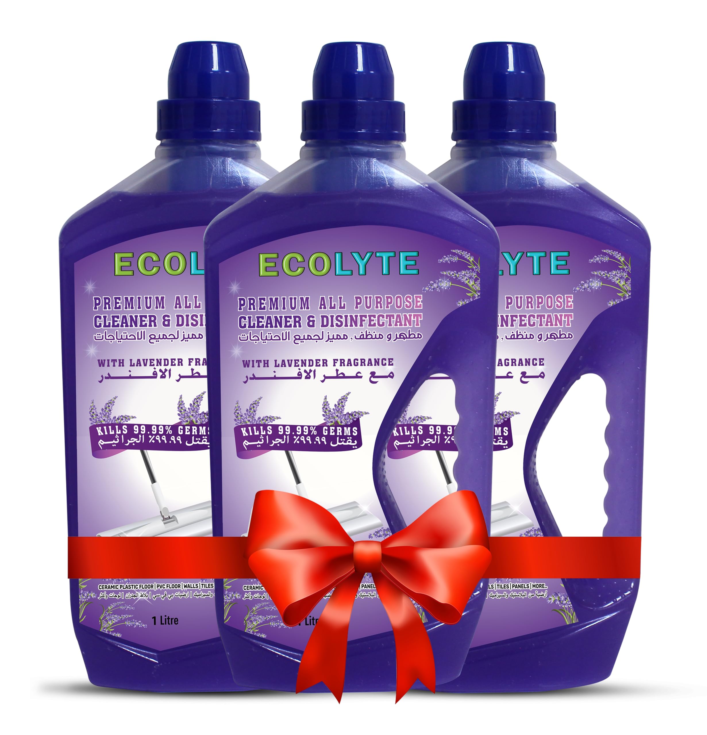 ECOLYTE+ DisinfectantPremium Floor Cleaner All Purpose Cleaner Plus Disinfectant, for Hospital, Home, Office & Commercial Use for Dirt, Stains & Germs, Floor Cleaning, Pack of 3 - (Lavender, 1 Liter)