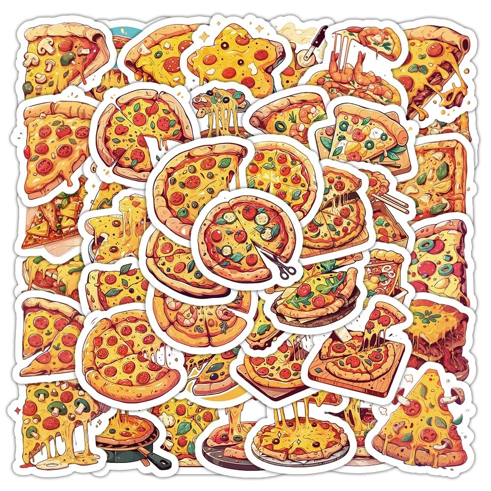 AUCEKO 50 Stück Pizza Aufkleber Pack Pizza Sticker Set wasserdichte Vinyl Sticker für Laptop Kinder Autos Motorrad Fahrrad Skateboard Gepäck Koffer Computer Aufkleber Graffiti Decal