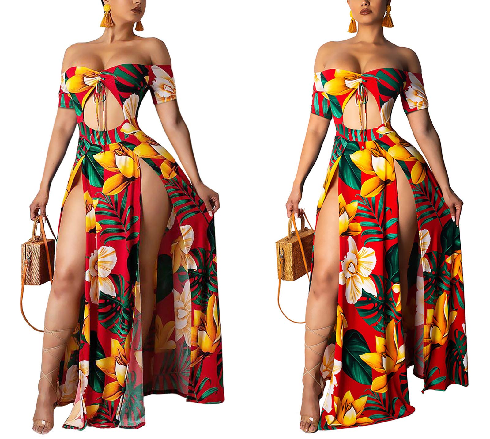 LKOUS Abito lungo da donna, sexy, con scollo a V, stile hawaiano, da spiaggia, in tinta unita, aderente, per vacanze