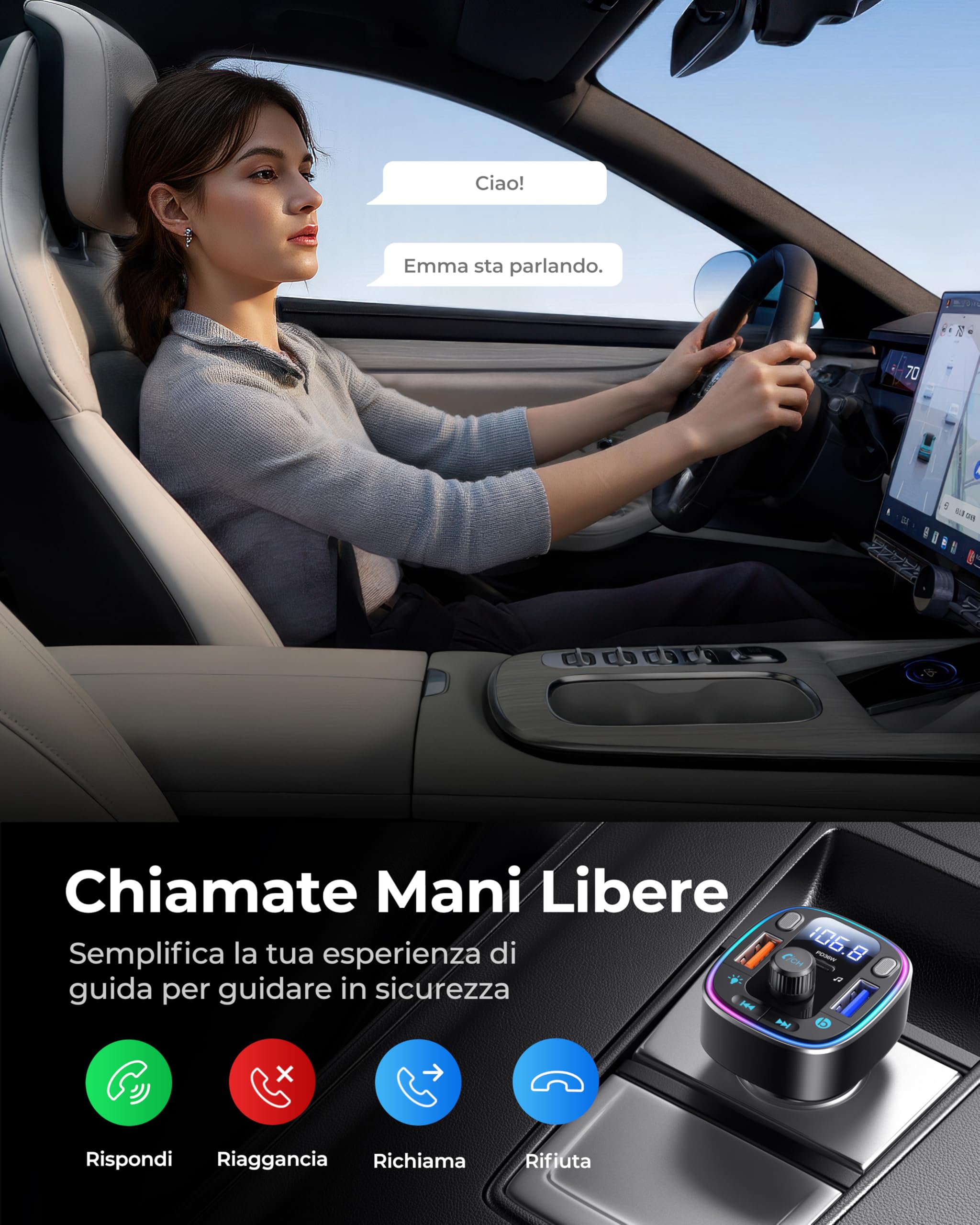 LENCENT Trasmettitore FM Bluetooth 5.4, Accendisigari Auto Radio, 54W USB Ricarica Rapida (PD 36W & QC3.0), Bluetooth FM Musica, Chiamate Vivavoce, Doppio Microfono e Chiavetta USB