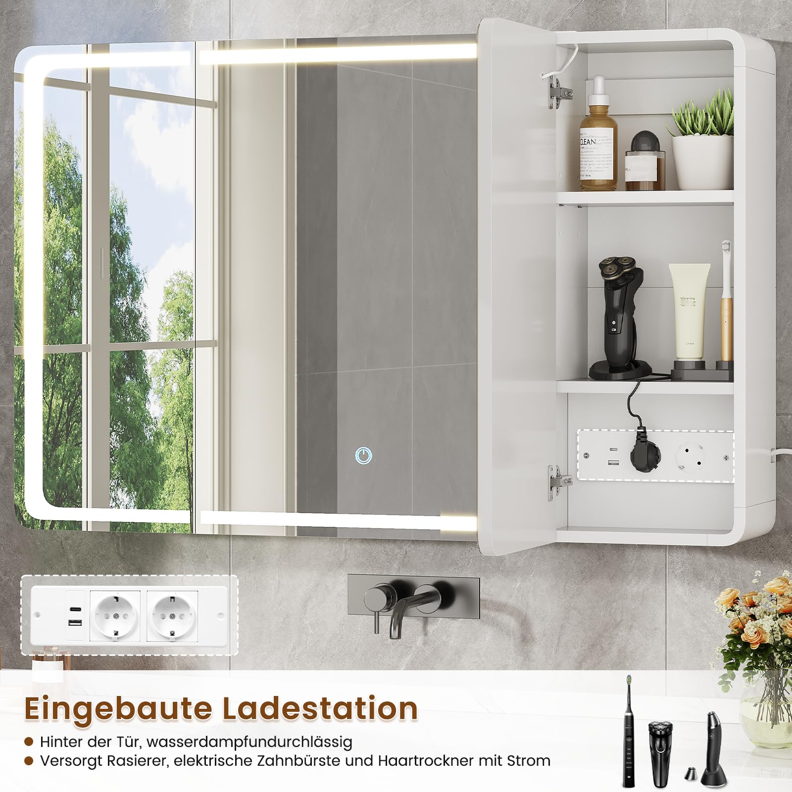 Spiegelschrank Bad 90 x 60 x 16 mit LED-Beleuchtung, Steckdose & 9 Fächer