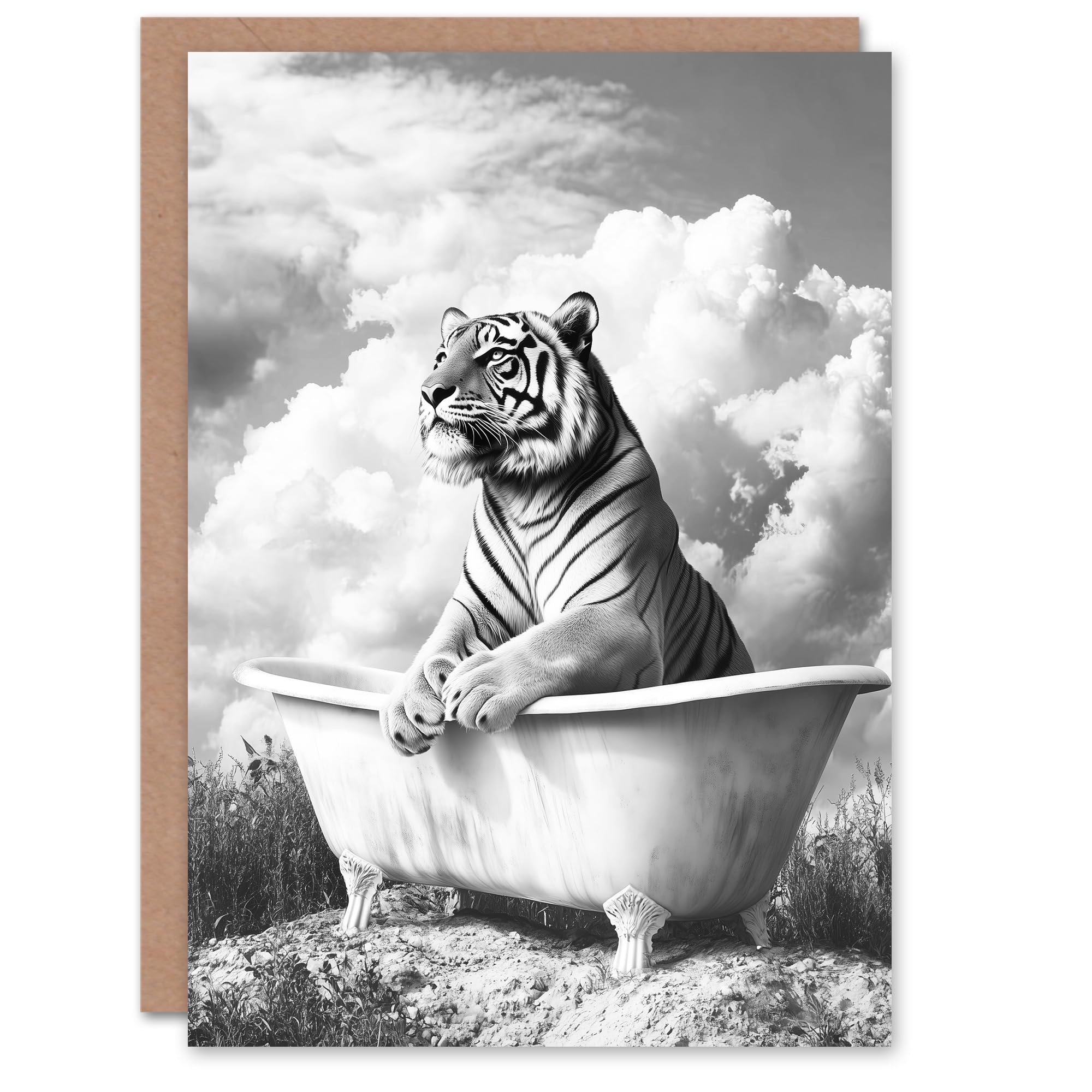 Artery8 Greeting Card Tiger Bathtub Black White Surreal Big Cat Lover Blank For Him Or Her Art Birthday Card