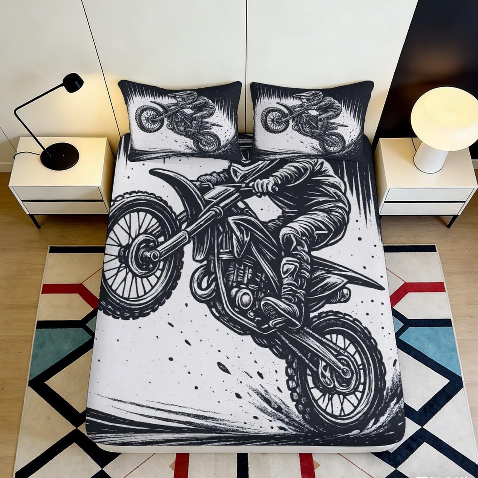 3D Printed Motocross Rider Fitted Sheet Microfiber Durable Breathable Dirt Bike Bed Cover for Bedroom Dormitory Guest Room Mattress Protection 90x200x25cm