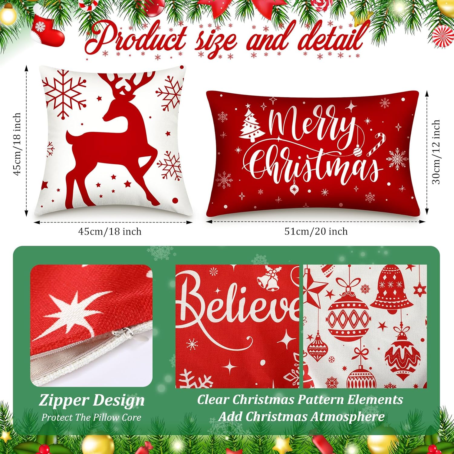 Newwiee 10 Piece Throw Pillows Covers Decorations Snowman Wreath Santa Claus Tree Red Buffalo Plaid Merry Christmas Pillow Covers for Couch Sofa(Snowflakes)