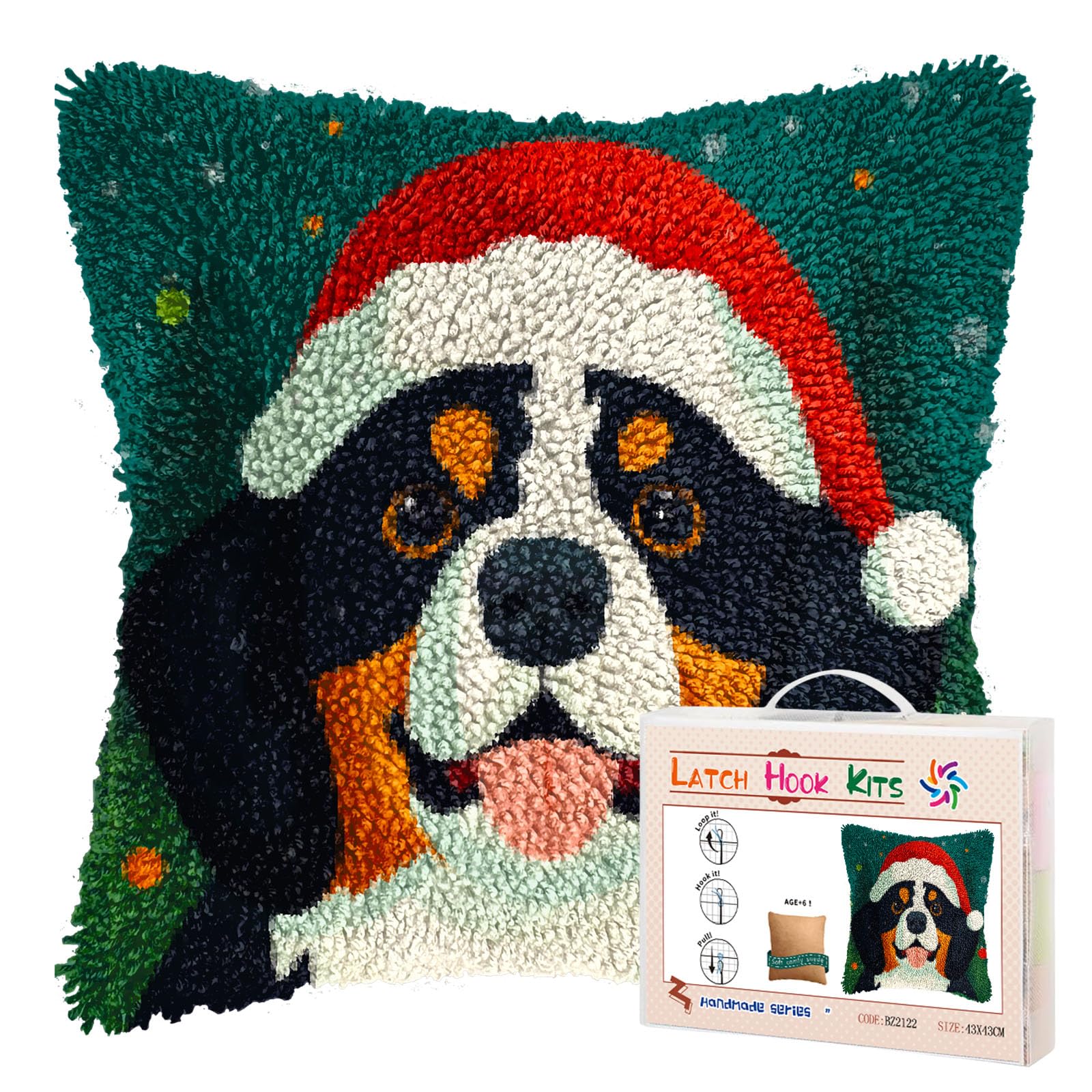 Latch Hook Pillow Kits for Adults Merry Christmas Bernese Mountain Dog DIY Pillow Cover Printed Pillowcase Crochet Yarns Hooking Handmade Cushion for Home Sofa Decoration 17x17inch(1)