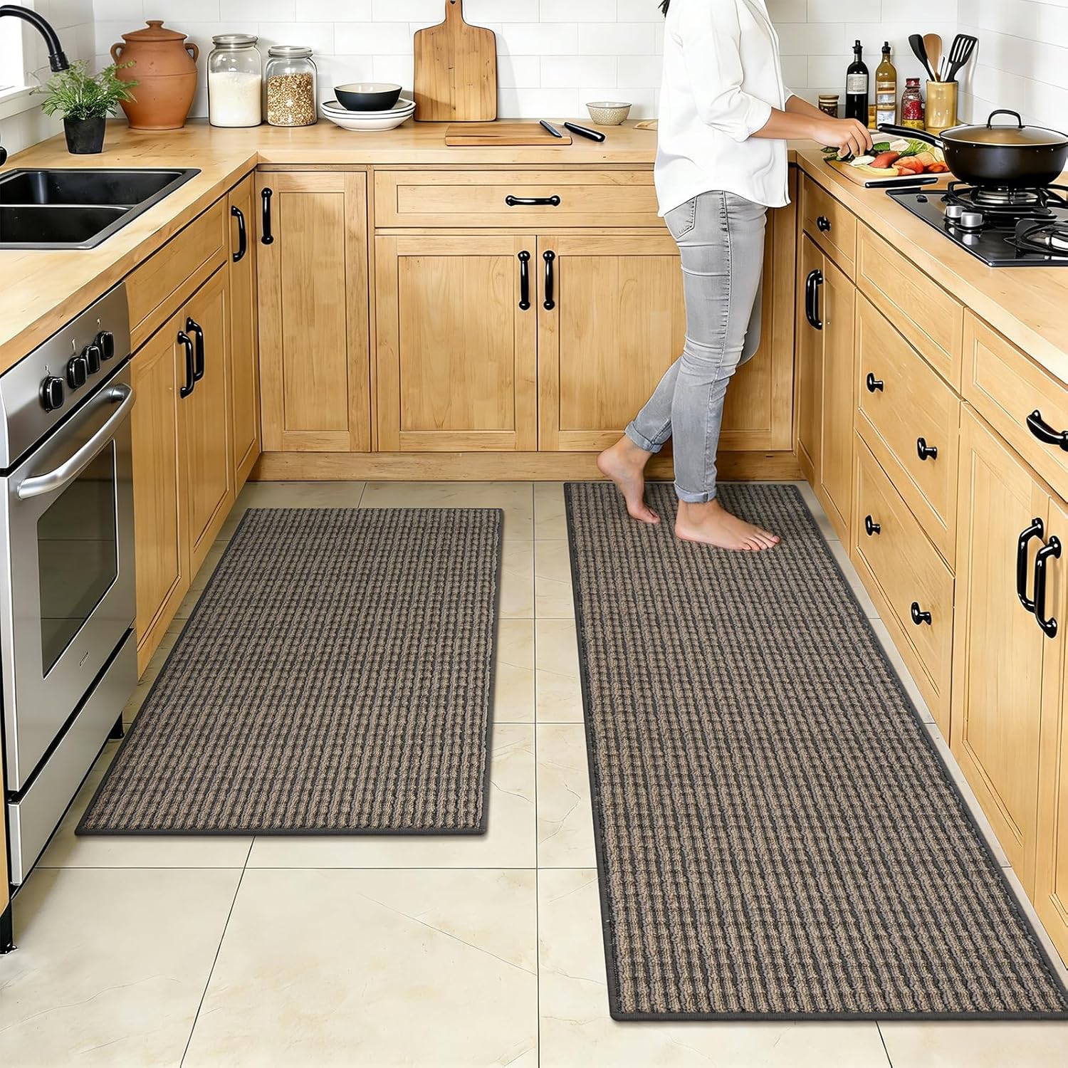 U'Artlines Kitchen Rugs and Mats Set of 2, Non Skid Washable Multicolored Farmhouse Kitchen Mats for Floor, Absorbent and Stain Resistant Floor Mat for Laundry, Sink Decor 24x36+24x59(Brown)