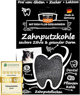 QCHEFS ZahnputzKOHLE für Hunde Pulver für Zahnpflege und Darmgesundheit zugleich bei Erbrechen, Blähungen und Durchfall