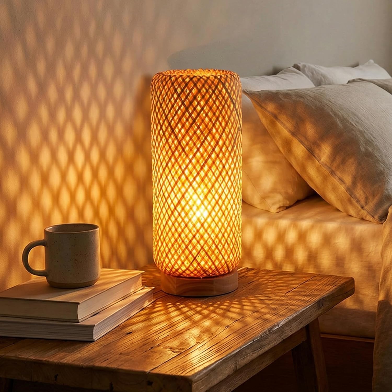 Behemian Bamboo Table Lamp, Dimmable Rustic Farmhouse Hand Wicker Desk Lamp Bedside Lamps Night Light Decorations for Bedroom, Living Room, Home Office, Nursery, Reading Nook (Bulb Included)